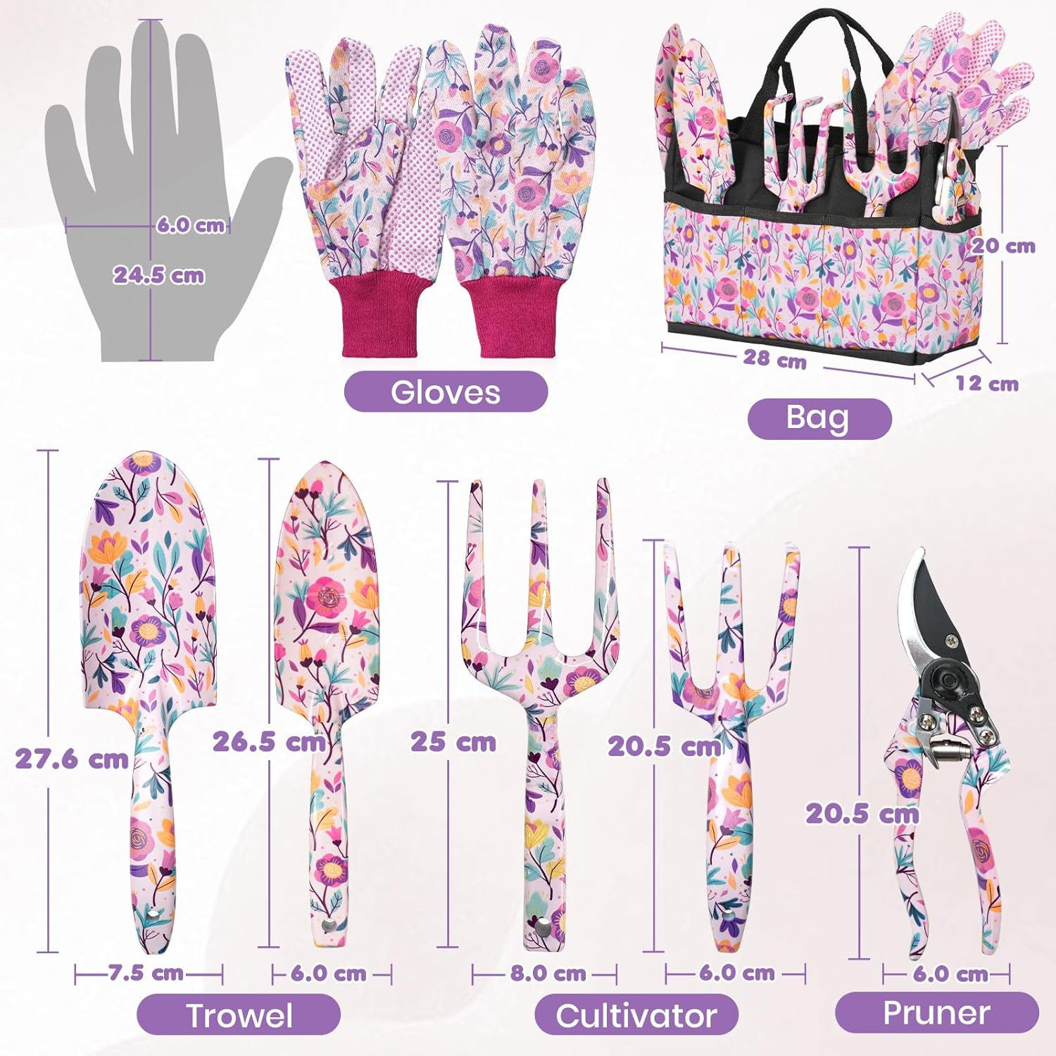 Velway Garden Tool Set 5-Piece Garden Tools with Floral Pattern & Gift Box Including Gloves, Garden Shovel, Scissors
