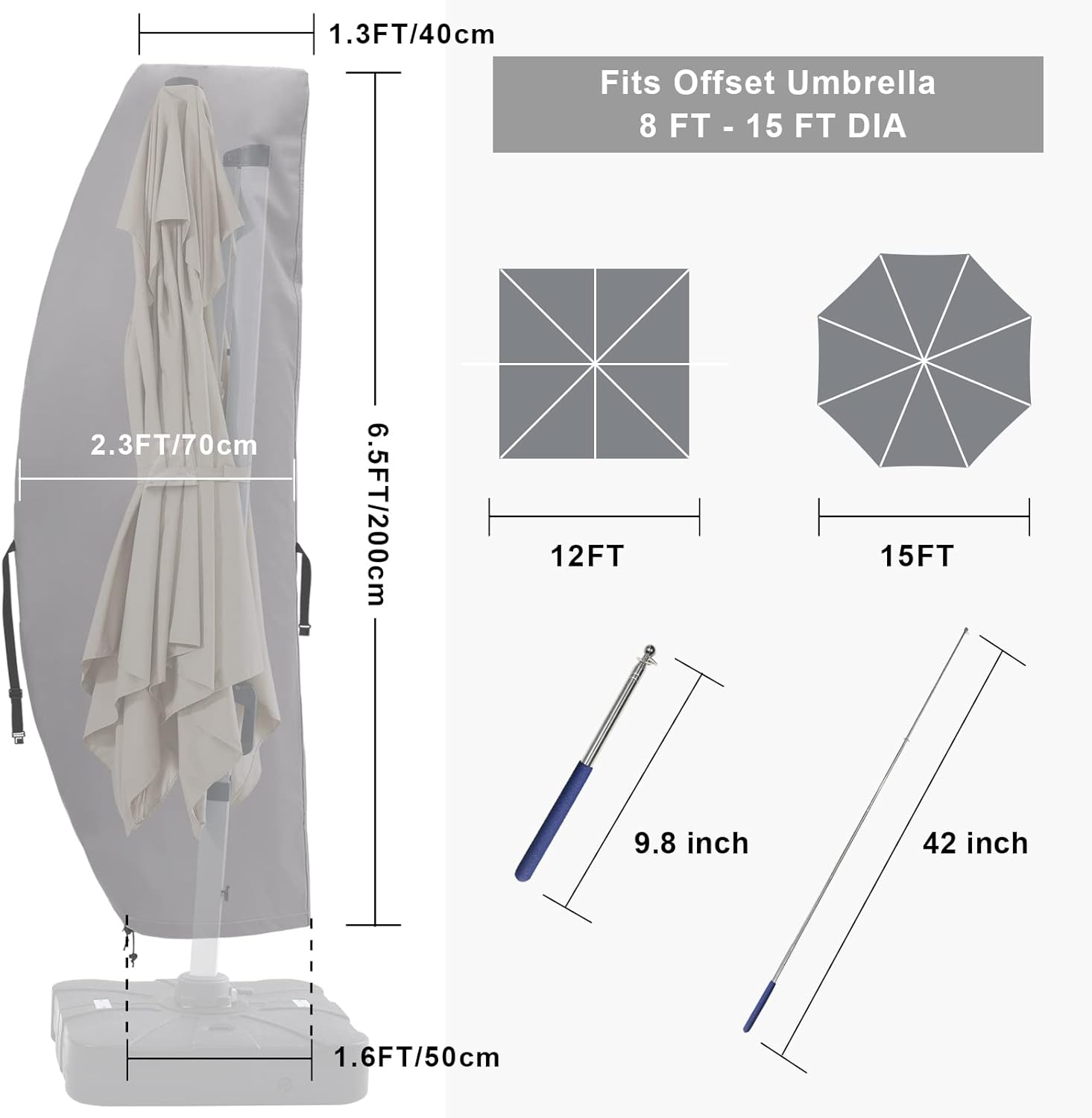 COOSHADE 600D Patio Umbrella Parasol Cover Waterproof Outdoor Anti-Uv Protective Cover with Zipper Fits Cantilever Offset Umbrella 7.5-15 Feet, Grey, (XJSSZUS-1)