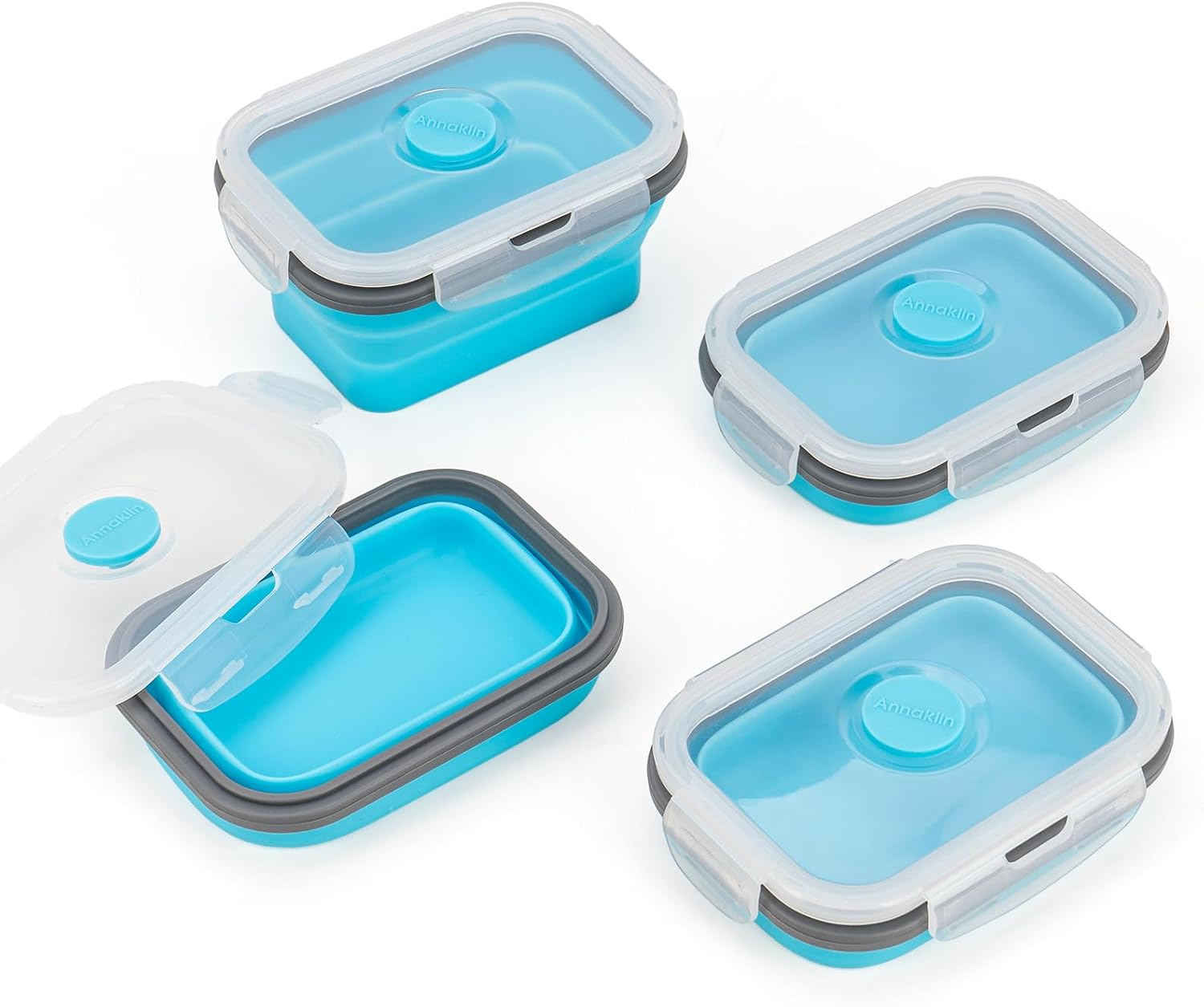 Collapsible Food Storage Containers with Airtight Lid and Vent Valve, Stacking Silicone Collapsible Storage Containers for Food, Microwave & Freezer & Dishwasher Safe, Blue, Small, Set of 4 image number 2