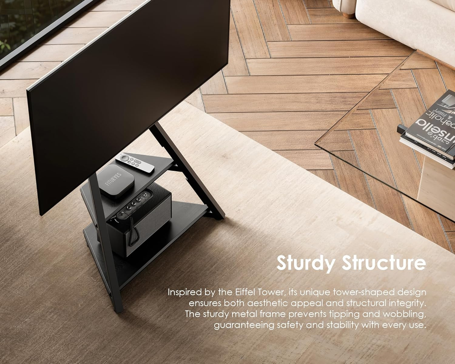 FITUEYES Design Floor TV Stand for 32 43 50 55 65 Inch Tvs, Corner Floor TV Stand Rolling TV Cart for LCD/LED Flat Curved Screens, Modern Living Room Television Stands, Eiffel Series image number 4