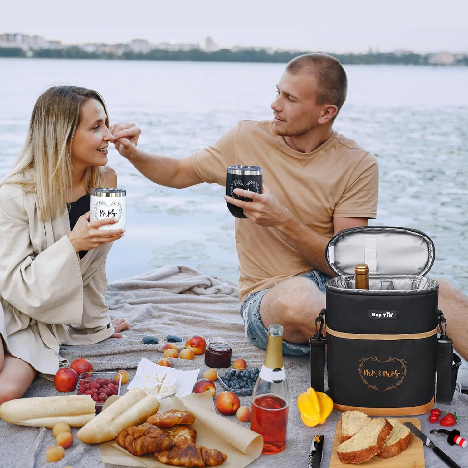 Hap Tim Wedding Gifts for Couples, Bridal Shower Gifts, Engagement Gifts for Newlyweds, Mr and Mrs Gifts - Wine Cooler Bag Insulated Wine Carrier Tote with Tumblers, Bamboo Cheese Borad (AU13624-G1) - Black image number 4