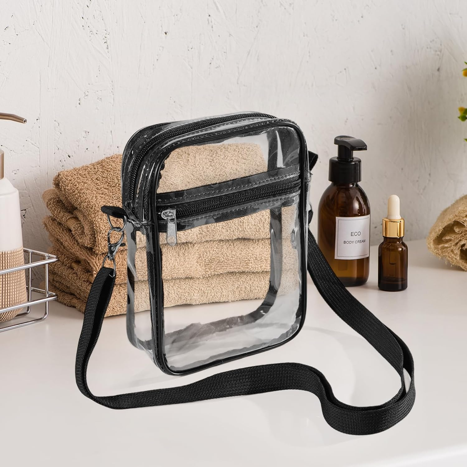 Supcomsta Clear Crossbody Bag, Clear Toiletry Bag with Color-Block Border, Double-Layered Clear Makeup Bag for Concerts Sports Festivals Toiletries, Wash Bag, Daily & Travel Use (Black, Large) image number 4