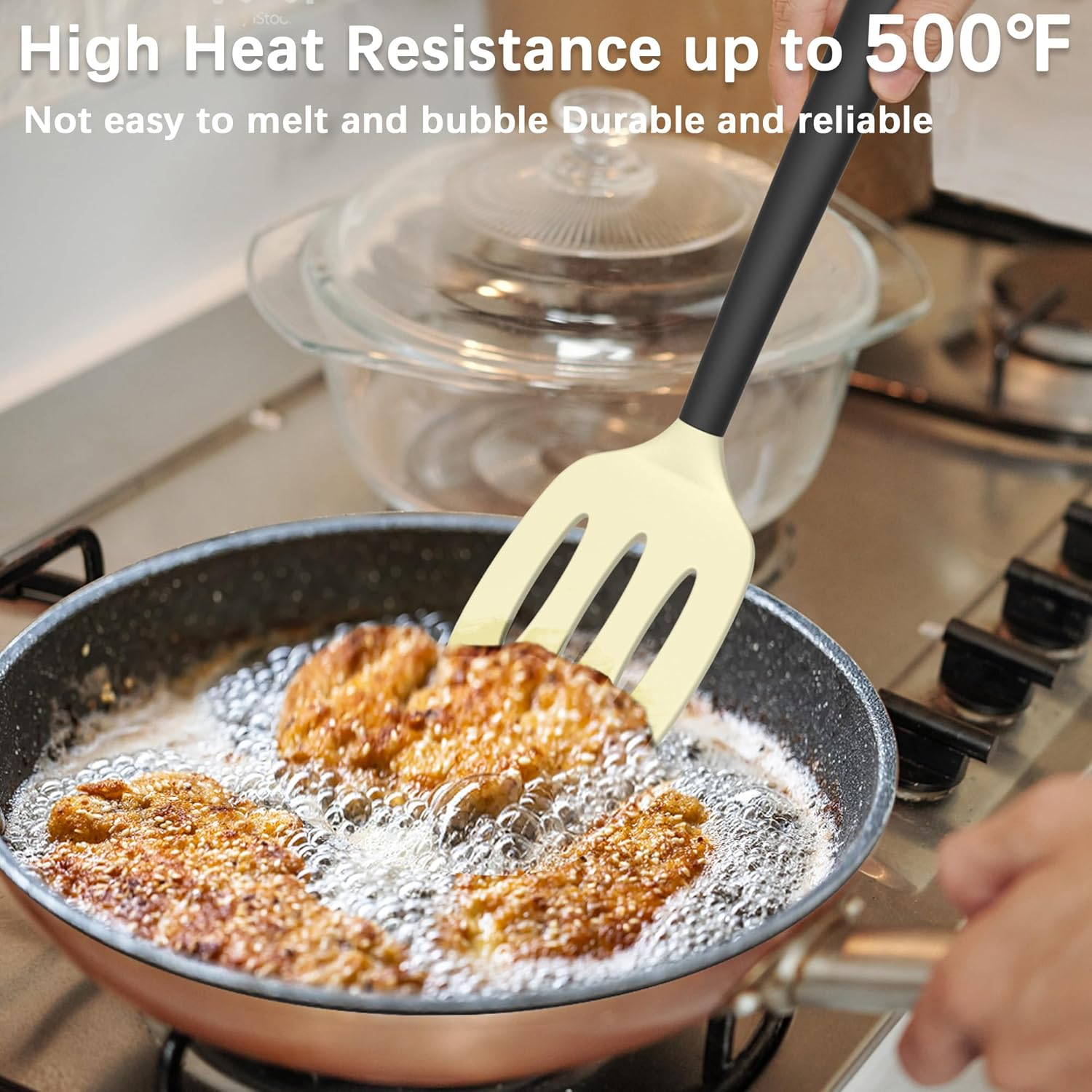 Coukre 2 Pack Silicone Spatula Set, High Heat Resistant, BPA Free Kitchen Spatula, Solid & Slotted Turner for Non-Stick Pans, Saut&eacute;ing, and Flipping (2, Beige) image number 4