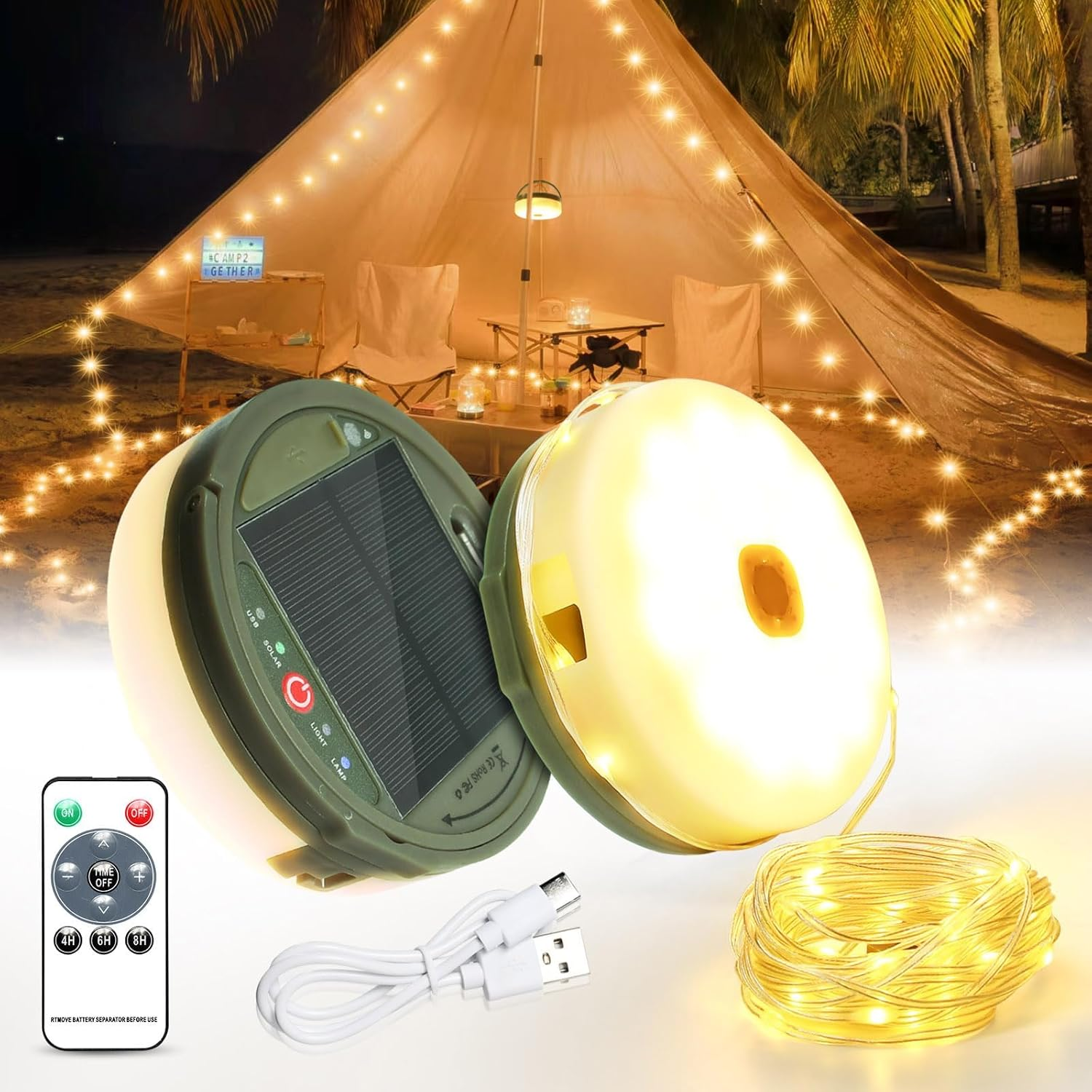 Solar Power Camping Lights String,Outdoor String Lights with 8 Modes Adjustable,Ip44 Portable Camping Lantern Emergency Light for Hiking,Tent,Yard (20 Meters Solar Power Warm Lights ) image number 5