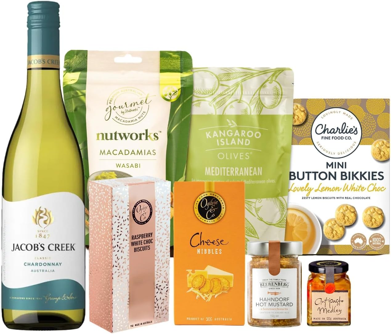 Gourmet Gift Hamper, Quality Wine and Snack Hamper, Perfect for Birthday Gift or Thank You Gift, Includes Chardonnay, Olives, Mustard, and Biscuits image number 1