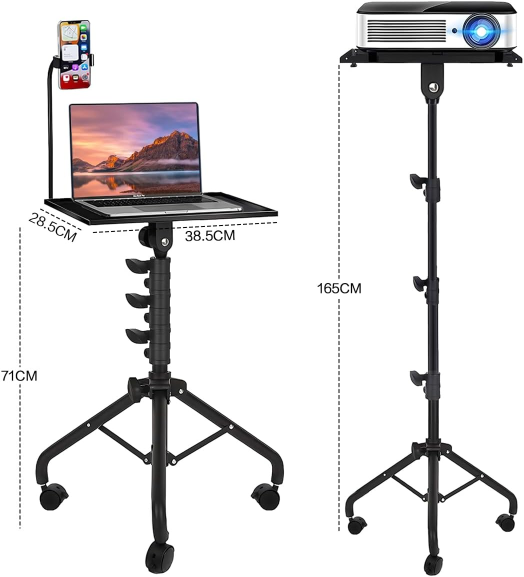 Aumerage Projector Stand with Phone Holder, Adjustable 60-130CM Foldable Tripod Floor Stand for Projector/Laptop, Portable Home Theater & Office Studio Equipment for Movies, Stage, Outdoor Use(With Wheels)