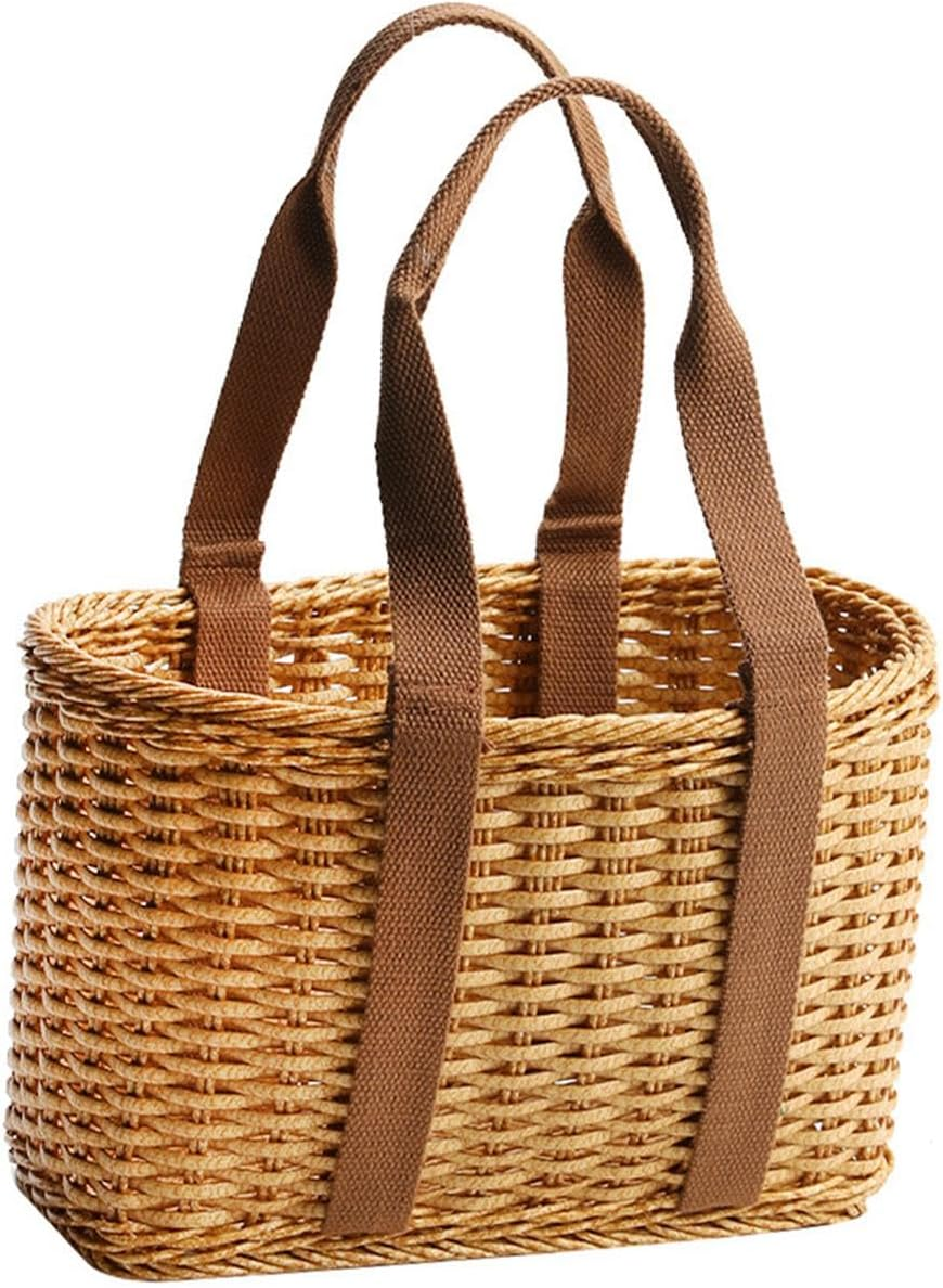 Fonowx Hand Woven Wicker Basket with Handle Flower Basket Functional Simple Storage Basket Shopping Basket Bag for Shopping Camping Daily Necessities Outdoor Picnics, Large