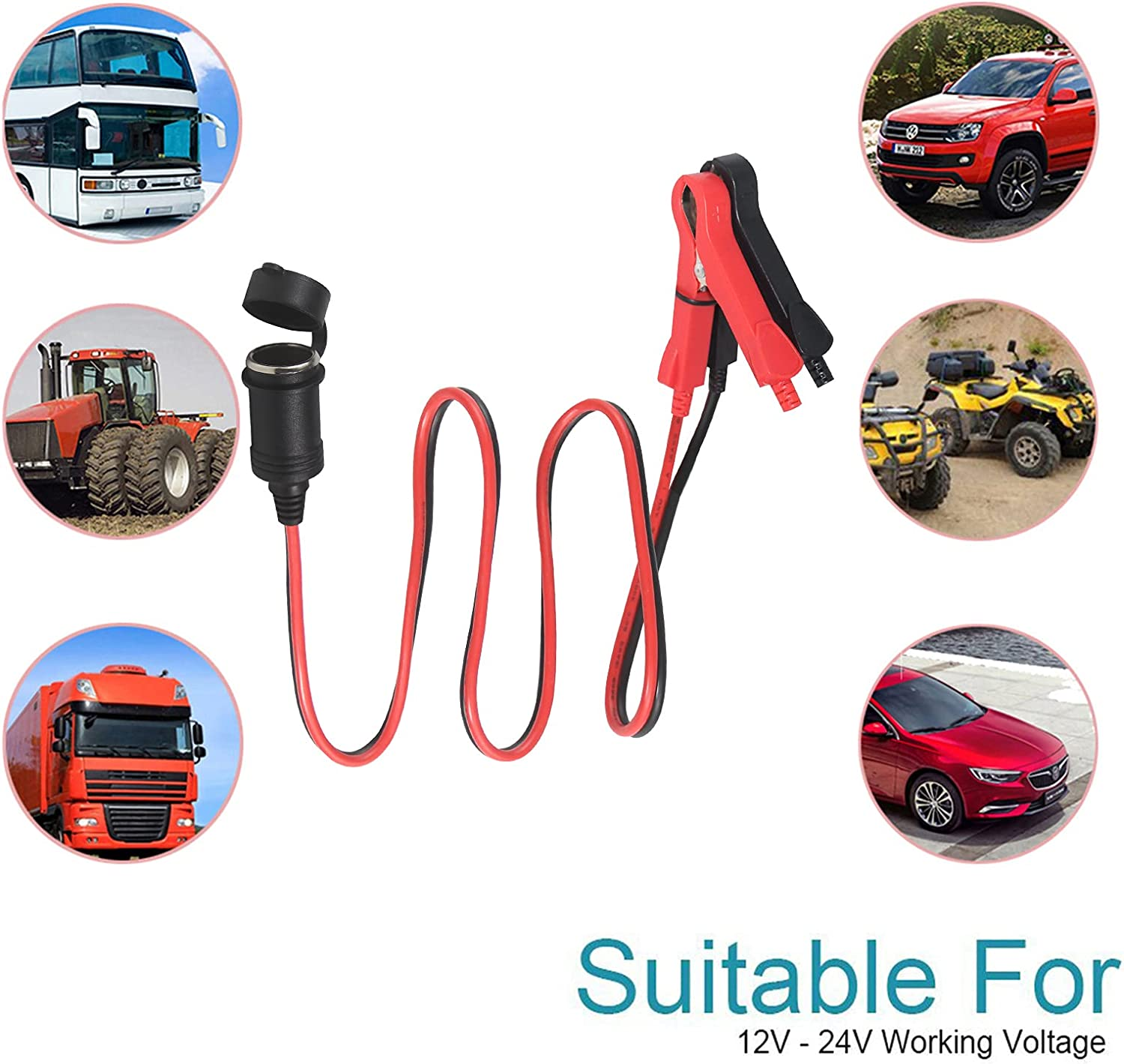 12V Auto Cigarette Lighter Socket to Battery Alligator Clips Power Cable Charger Car Battery Clamp to Cigar Lighter Female Extension Cable Cord 3Ft(1Pack) image number 3