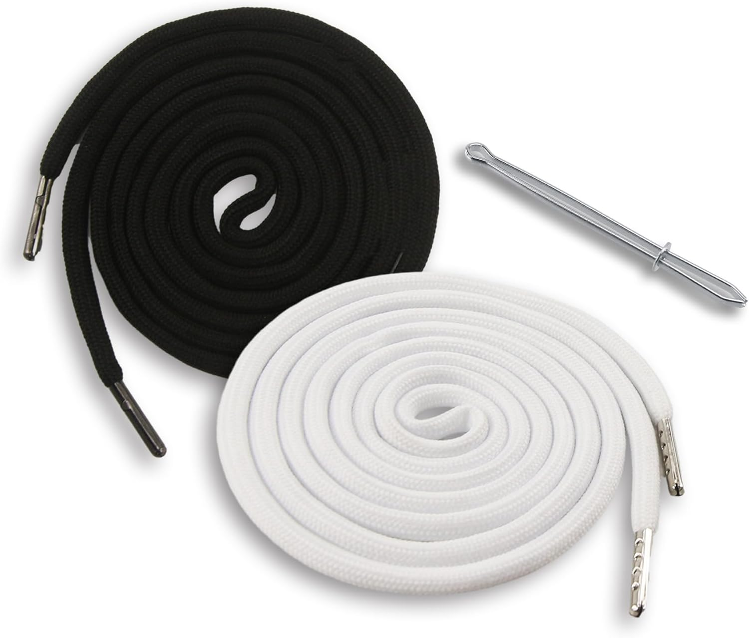 EKIND 2PCS 51 Inch Long Universal Drawstring Cords Replacement with 1PC Easy Threaders, Suitable for Sweatpants,Shorts,Hoodie String, Simple and Durable(Black + White Cord, round Metal Head)