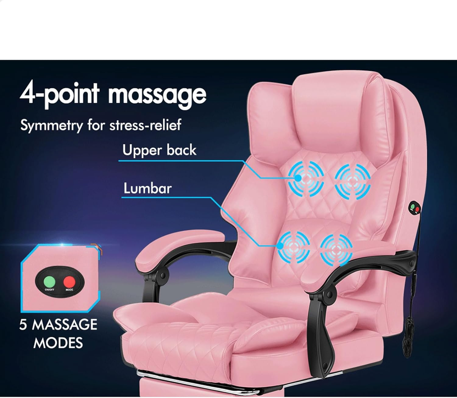 ALFORDSON PU Leather Pink Office Chair with High Backest Footrest for Home, Ergonomic Chair with Massage, 150&deg; Recline and 360&deg; Swivel, Gaming Executive Computer Racer Seater Adjustable Height image number 6