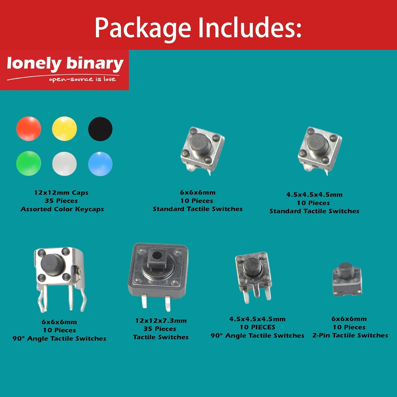 Lonely Binary 120-Piece Tactile Push Button Switch Kit &ndash; Includes 12X12Mm & 6X6Mm Switches, Color Caps, 90&deg; Angle & 2-Pin Switches &ndash; for Arduino, Raspberry Pi, ESP32 & DIY Electronics image number 1