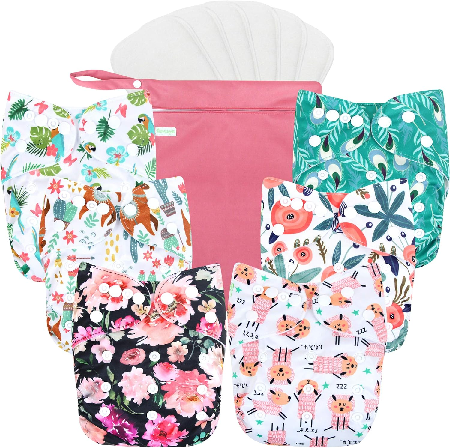 Wegreeco Washable Reusable Baby Cloth Pocket Diapers 6 Pack + 6 Inserts + 1 Wet Bag - Animals image number 3