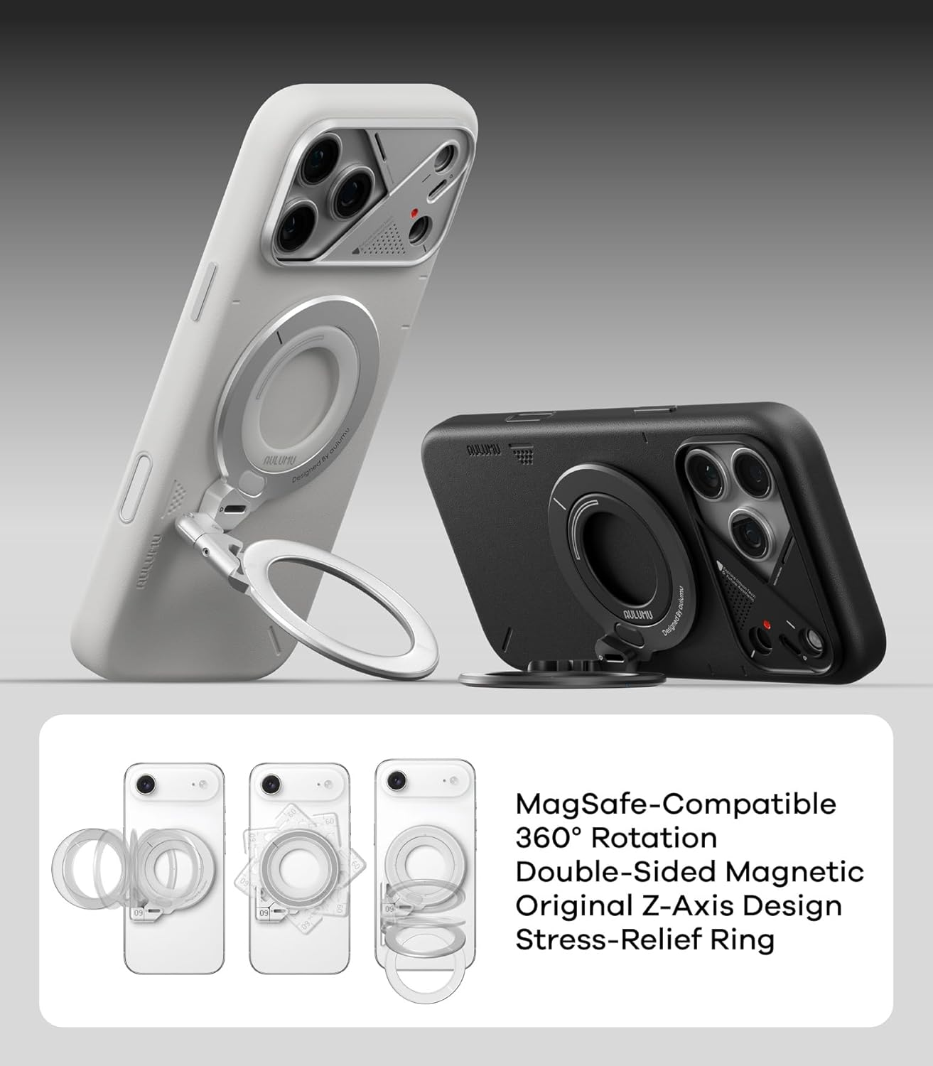 Aulumu G09 Magnetic Ring Grip | Omnidirectional Rotation | Magsafe Compatible | Aluminium Alloy Construction | Stable Dual-Sided Magnetic Attachment | Includes Handle Ring Phone Stand- Silver image number 4