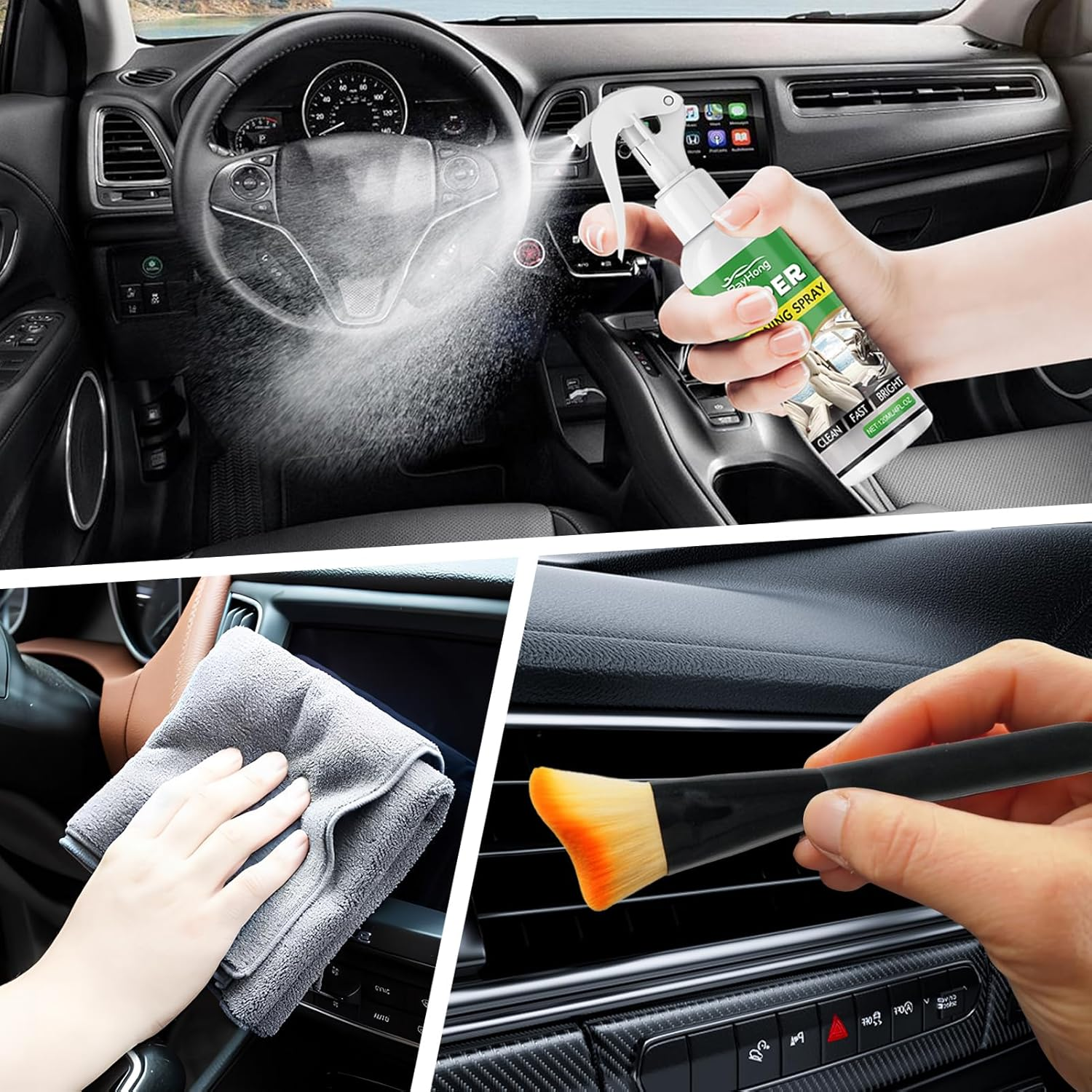 120 Ml Car Interior Cleaner Spray + 2 X Upholstery Brush + Microfibre Cloth Upholstery Cleaner Car Care Set for Leather, Plastic, Rubber & Textiles Ideal for Car Interior Cleaning & Car Detailing