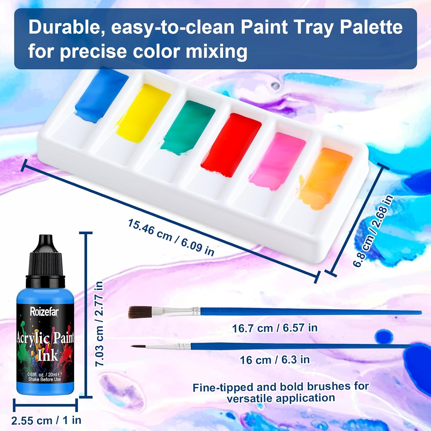 Roizefar Acrylic Paint Ink, 16 X 20Ml (0.68 Fl.Oz), Drawing Ink Set, Liquid Acrylic Paint with 2 Brushes and 1 Palette for Drawing, Ideal for Pouring Art, Mixed Media Projects