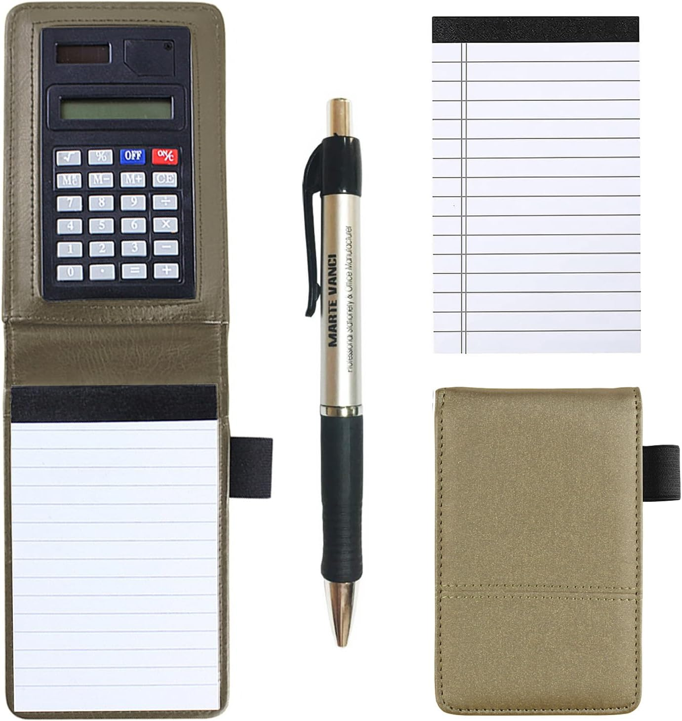 SAYEEC A7 Pocket Jotter Organizer Small Memo Notepad with Pen Journal Notebook with Calculator Faux Leather Cover Business Writing Pad for Trader/Students/Sales Rep 80 Pages