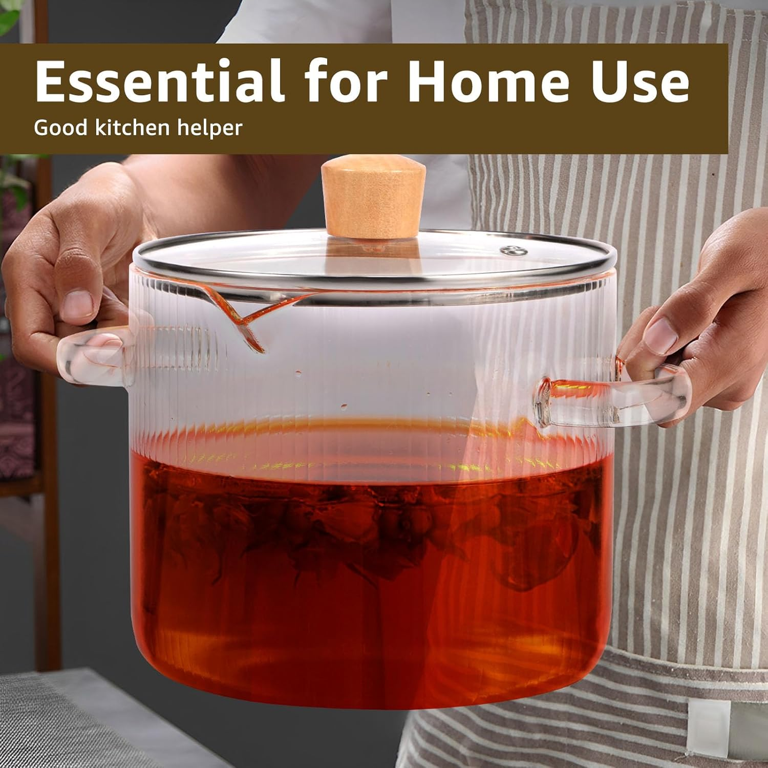 BETIMFAN Glass Cooking Pot Transparent Borosilicate Glass Simmer Pot with Lid and Spout Heat Resistant Glass Stovetop Pot Nonstick Soup Pot Cookware 2.3 L/1.6 L for Soup Noodles Sauce Salad image number 2