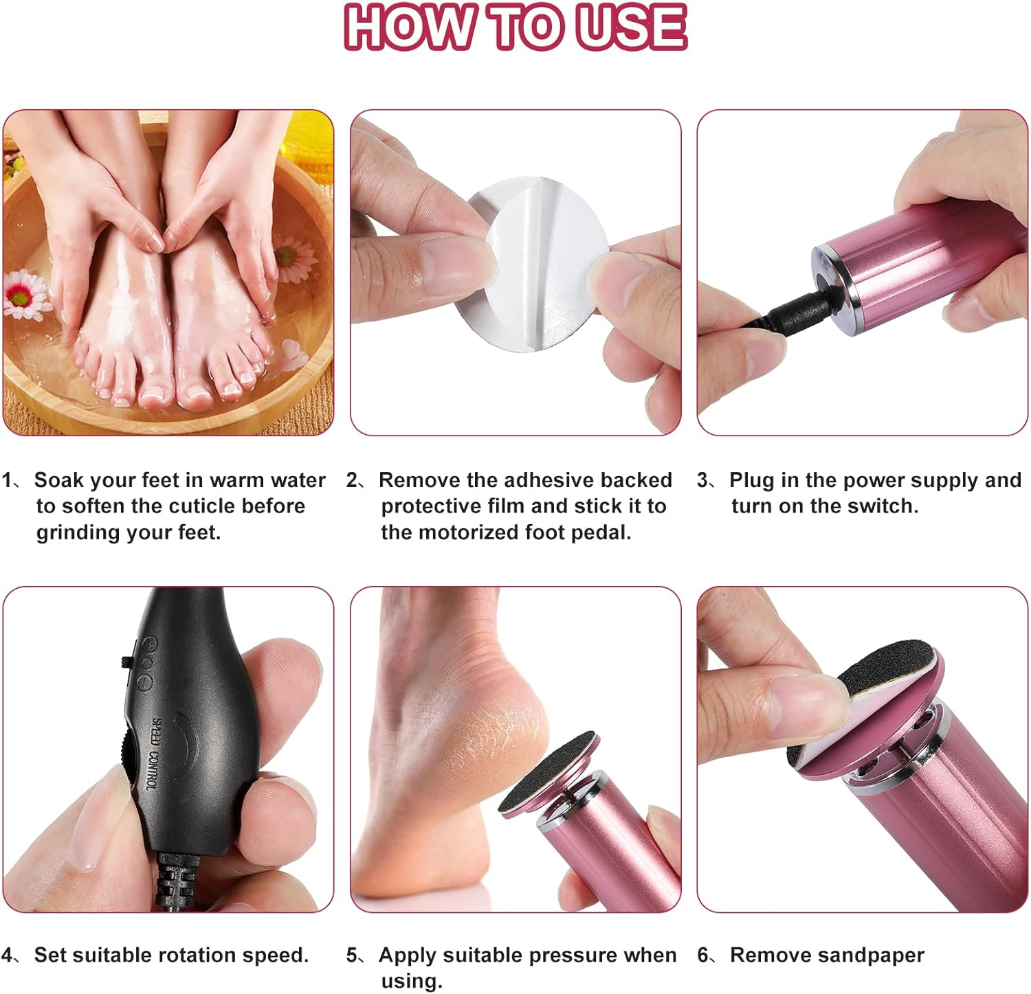 Electric Callus Remover Feet with 60 Sanding Pads, Made of Aluminium, Continuous Speed Control - Professional Pedicure Device, Electric Foot File for Dead Hard Cracked Skin image number 5