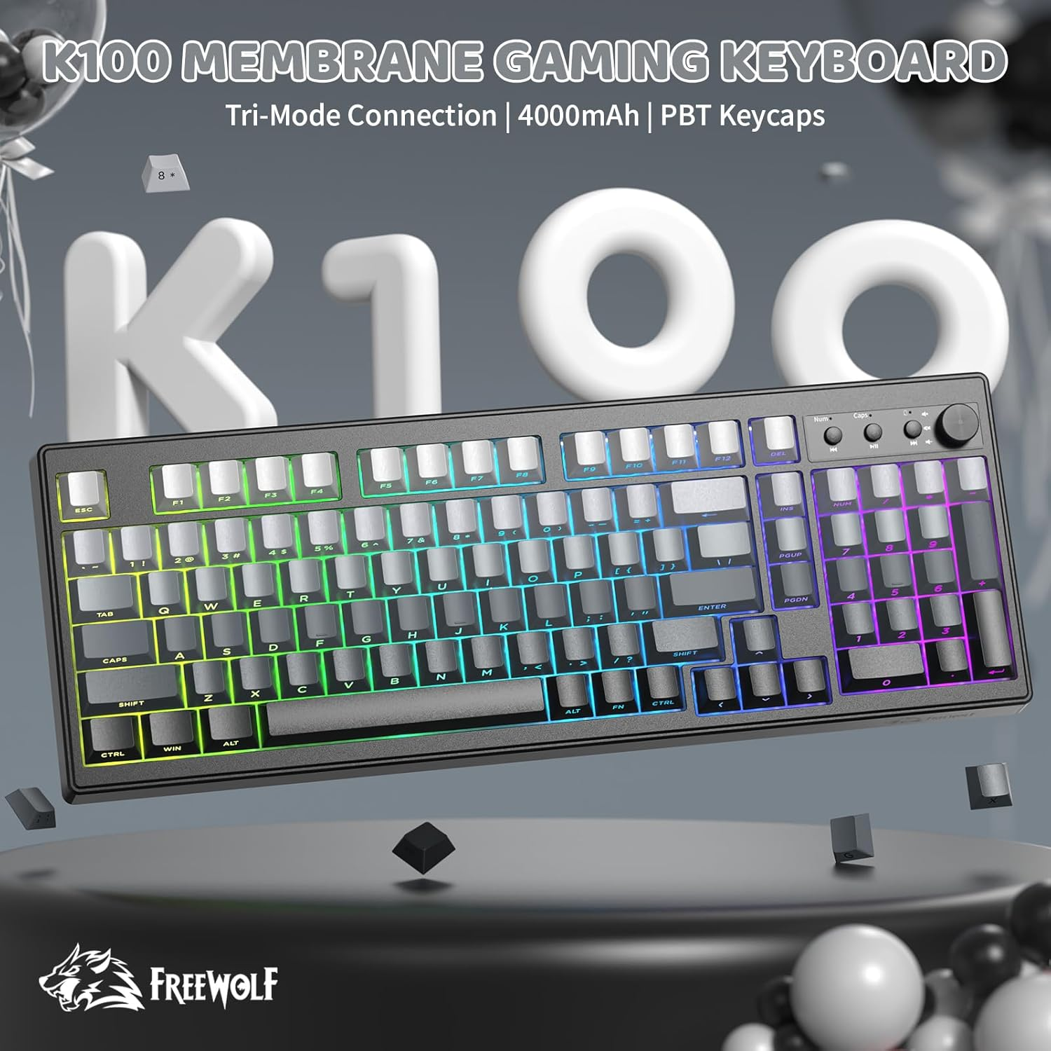 ZIYOU LANG K100 Wireless Gaming Keyboard,99 Keys Tri-Mode Bt/2.4Ghz/Usb-C Creamy Color Keyboard with Number Pad Rgb,Media Knob Custom Programmable Computer Keyboards for Pc/Mac/Xbox (Black) image number 2