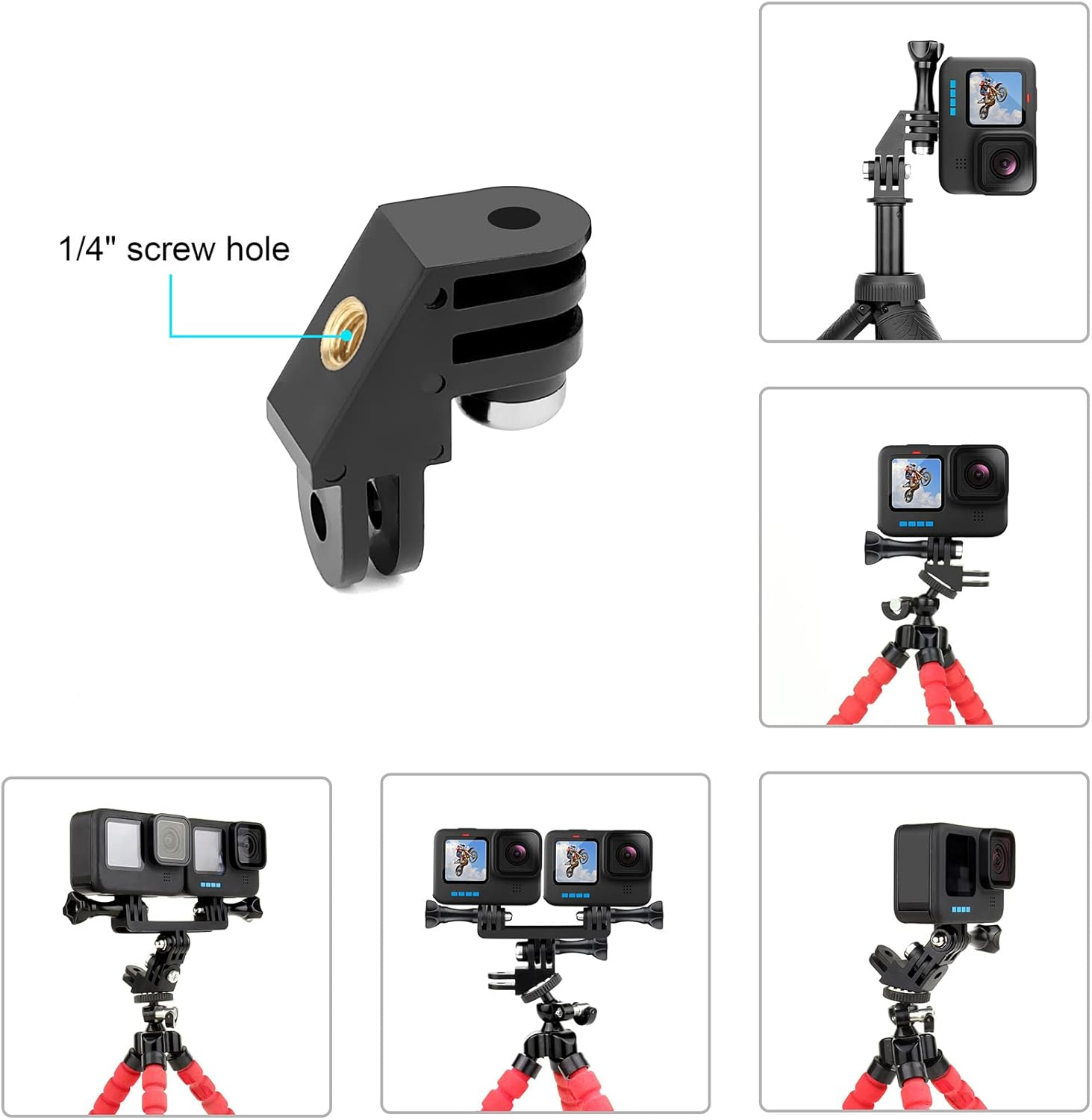 SOONSUN Dual Twin Mount with 90&deg; Direction Elbow Adapter for Gopro Hero 13 12 11 10 9 8 7 6 5 4 3 2, Session, Dual Mount Bracket Accessories for Action Camera - Cold Shoe Mount + Tripid Adapter Kit image number 3