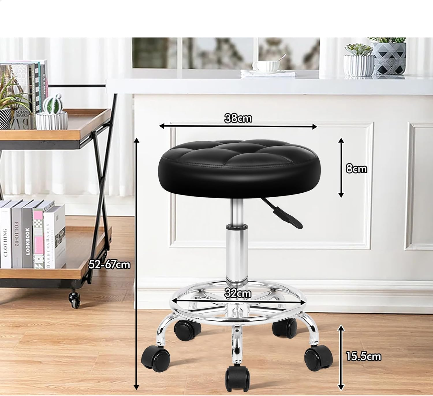 ALFORDSON PU Leather Salon Stool Riley Series, Office Drafting Rolling Stools in 52-67Cm Adjustable Height, Swivel Spa Chair with Footrest Wheels for Barber Shop Massage Table, Black