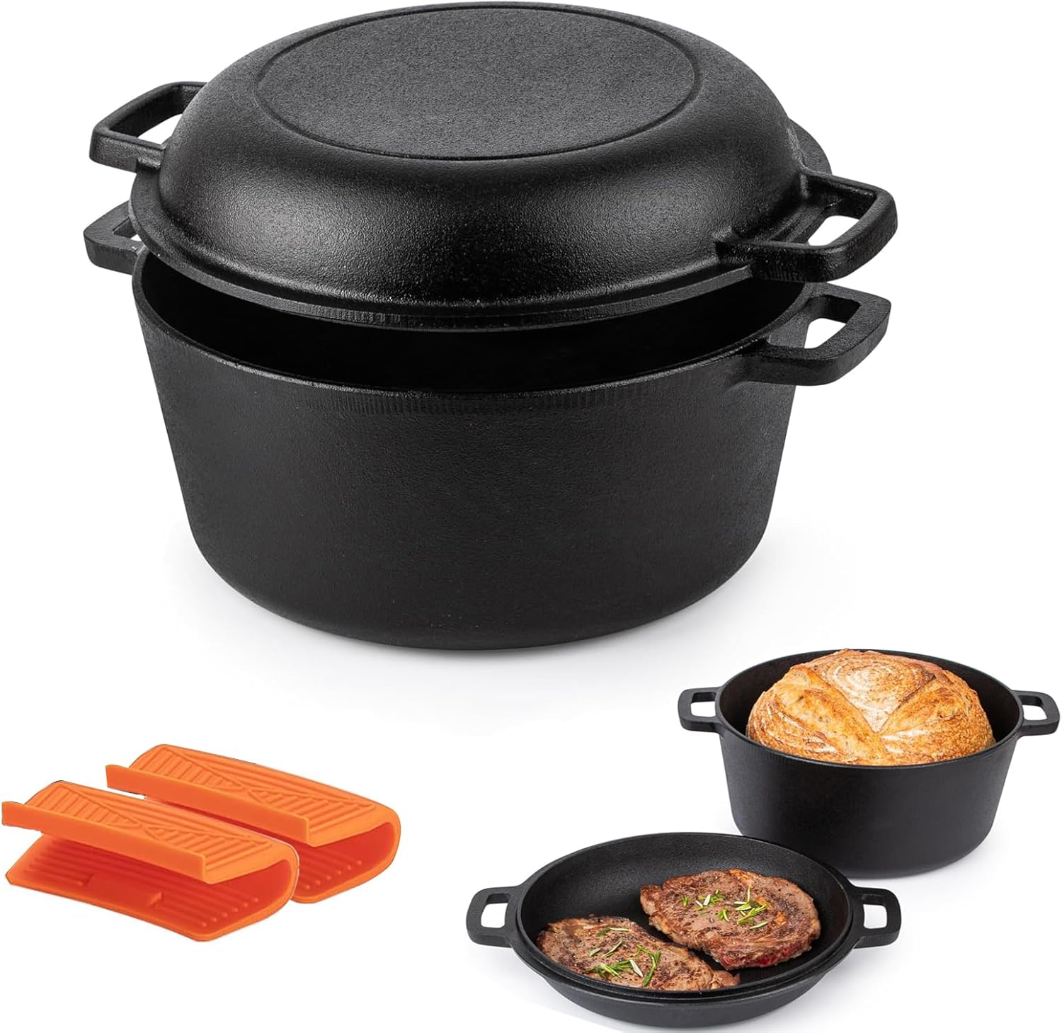 2-In-1 Cast Iron Dutch Oven Set, Pre-Seasoned Dutch Oven Pot with Lid and Dual Handles, for Bread, Frying, Cooking, 5-Quart image number 5