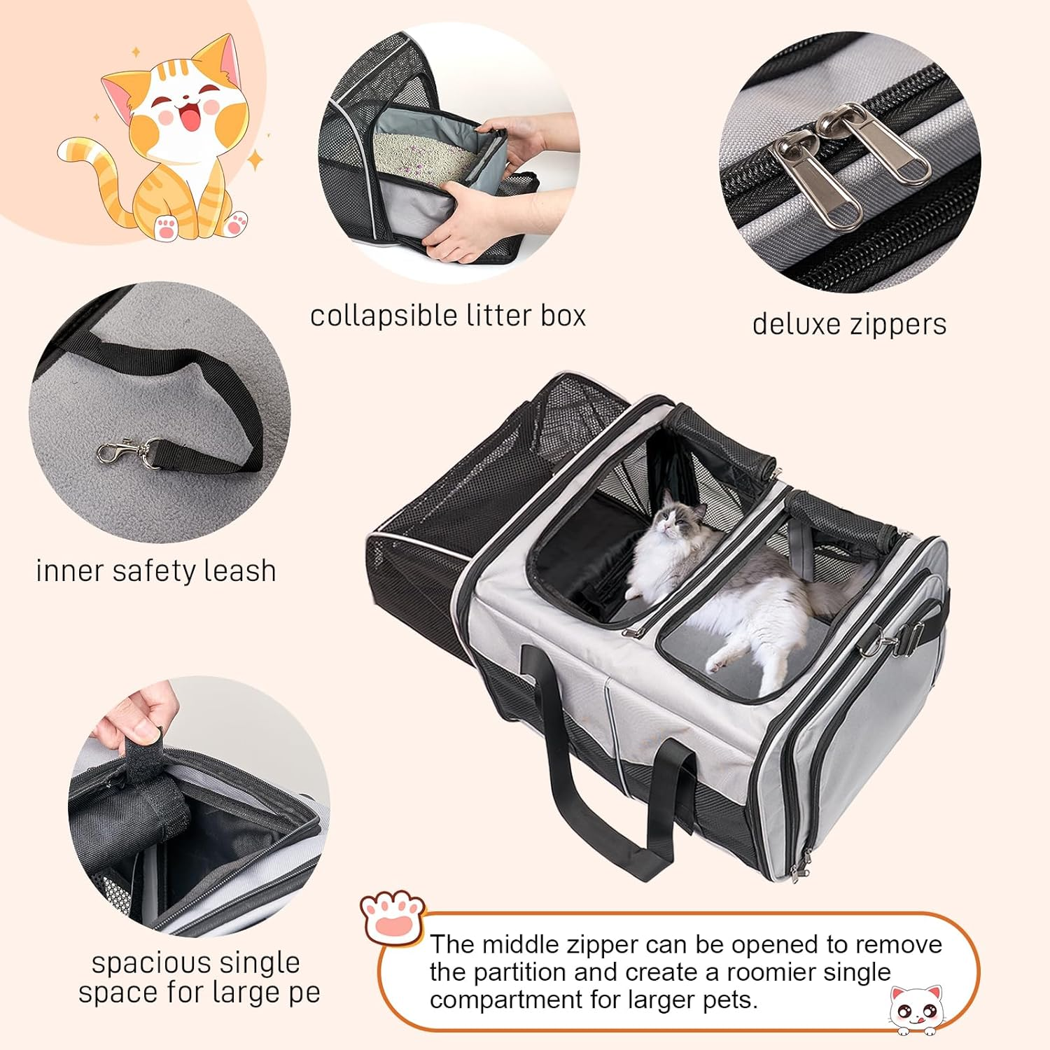 Cat Travel Carrier with Litter Box, Expandable Cat Carrier for 2 Cats for Traveling, Soft Sided Pet Carrier for Cats and Dogs up to 30Lbs, Grey image number 2