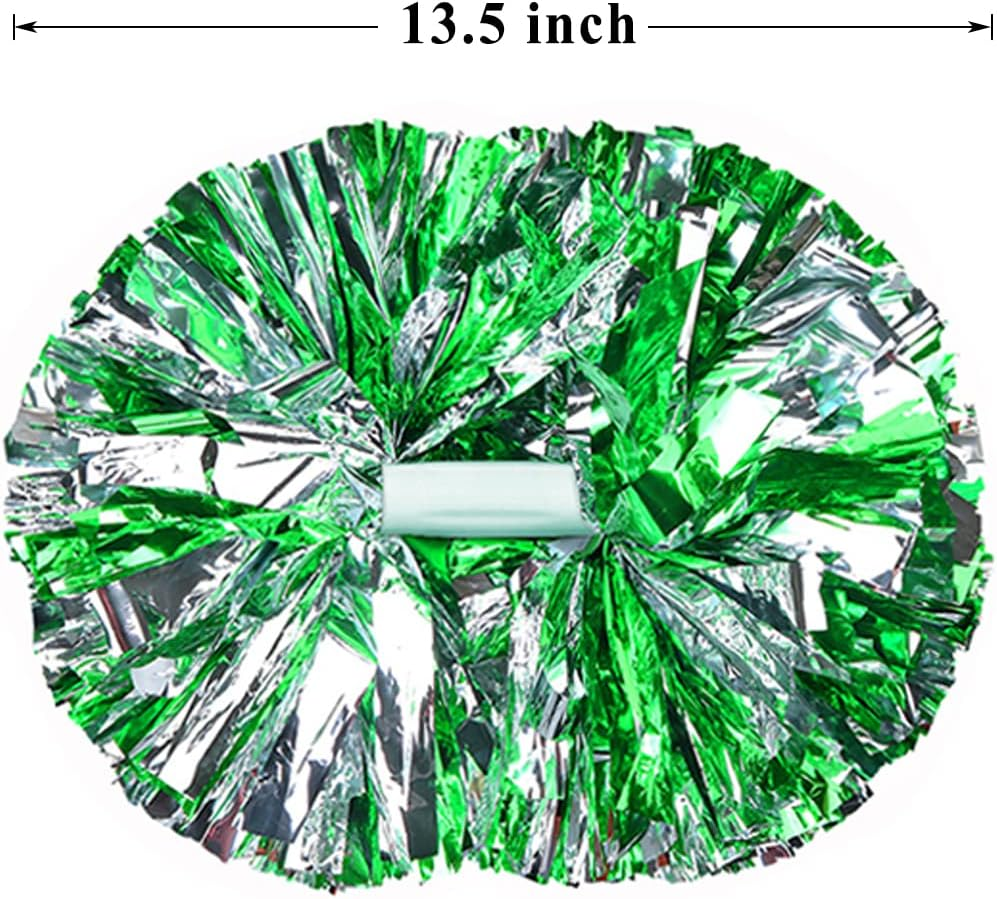4 Pack Cheerleading Pom Poms,Metallic Cheer Pom Poms with Training Baton Handle for Team Sport Spirit Squad Bulk Cheerleaders(Green and Silver) image number 3