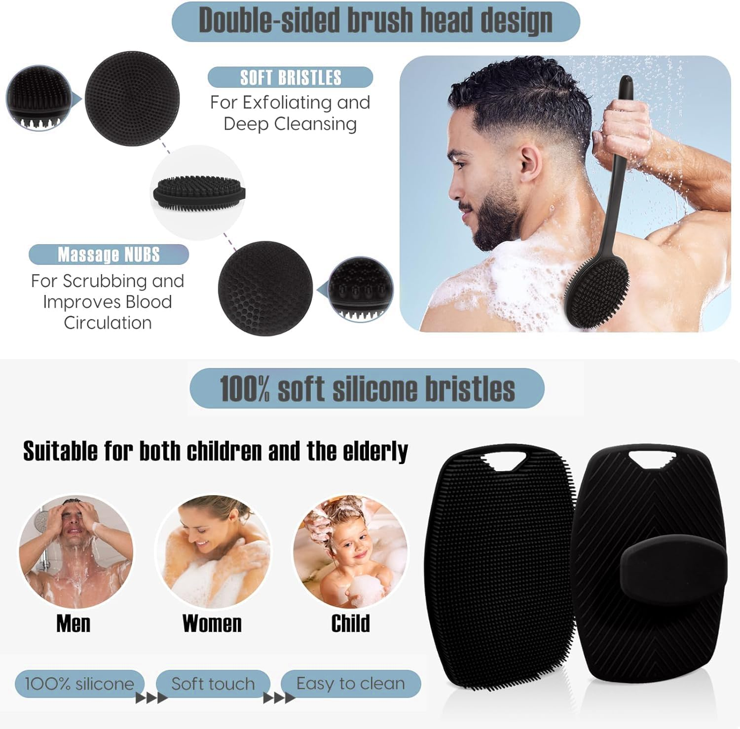 BEANPRECOY Silicone Body Scrubber for Shower 3 in 1 Bath Body Brush with Long Handle Double Sided Shower Brush for Shower Exfoliating and Massage Can Produce Rich Foam with Hook for Men Women image number 1