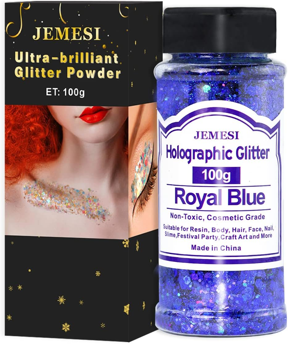 Holographic Chunky Glitter, 100G Royal Blue Cosmetic Craft Glitter for Epoxy Resin, Nail Sequins Iridescent Flakes, Body, Face, Hair, Nail, Glitter Slime Making