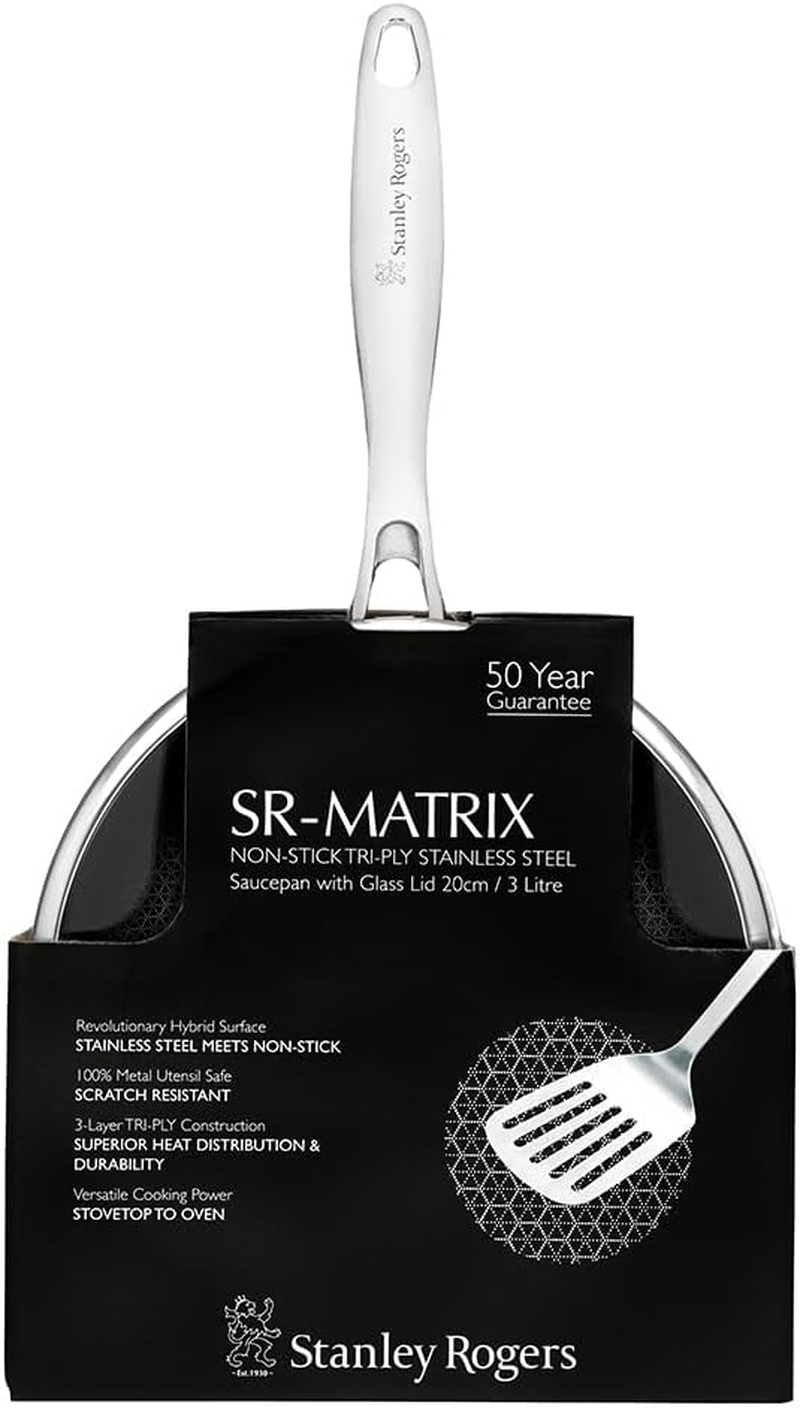 Stanley Rogers Matrix Non-Stick Saucepan with Glass Lid 20Cm / 3.0L &ndash; Premium Tri-Ply Stainless Steel Pan with Textured Non-Stick Surface, Pfoa-Free, Oven & Induction Safe Cookware