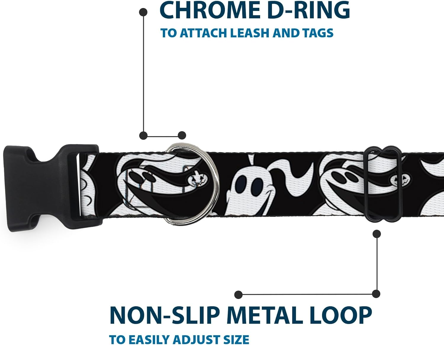 Dog Collar Plastic Clip Nightmare before Christmas Zero Expressions Black White 6 to 9 Inches 0.5 Inch Wide