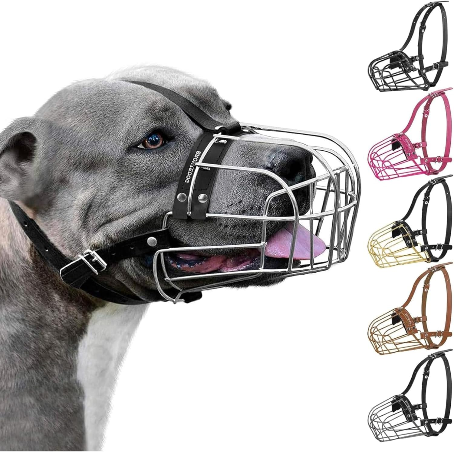 Bronzedog Dog Muzzle Pitbull Metal Mask Amstaff Wire Basket Pit Bull Adjustable Leather Straps for Large Dogs image number 4