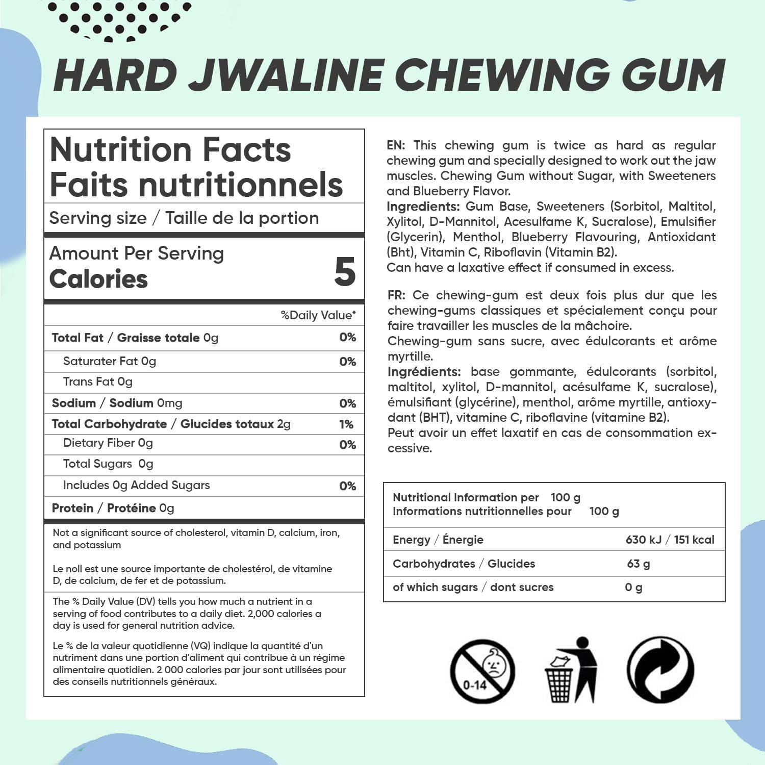 Jawliner&reg; Hard Jawline Chewing Gum - Sugar Free Blueberry Tough Jaw Gum - Jaw Exerciser Strong Mewing Jawline Mistic Gum - 2X Harder than Regular Chewing Gum 130 Grams (48 Strips)