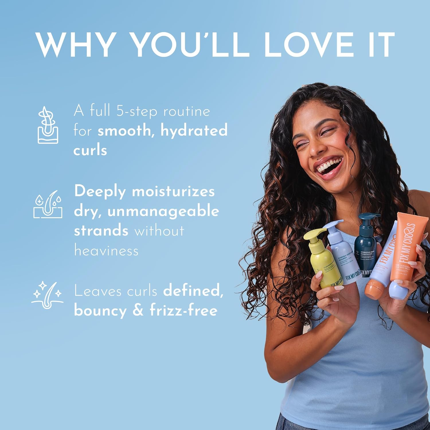 Fix My Curls 5 Steps Moisture Bundle with Cleansing Shampoo, Everyday Moisturizing Shampoo, Flax Seed Gelly and Hair Butter for Curly and Wavy Low Porosity 3A to 4A Curls 50 G Each