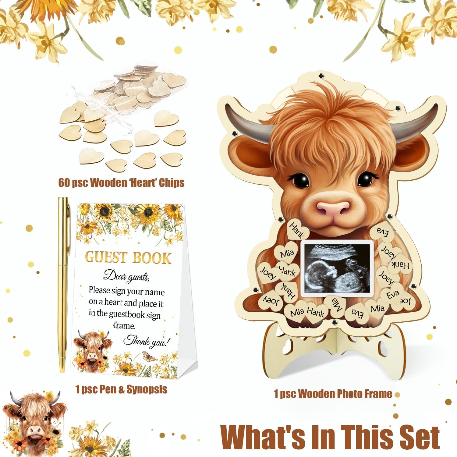 65 Pcs Highland Cow Baby Shower Decorations Guest Book, Baby Shower Guest Book Alternatives with Photo Frame, 60 Wood Slices Cow Baby Shower Guest Book for Boys Grils Baby Shower image number 6