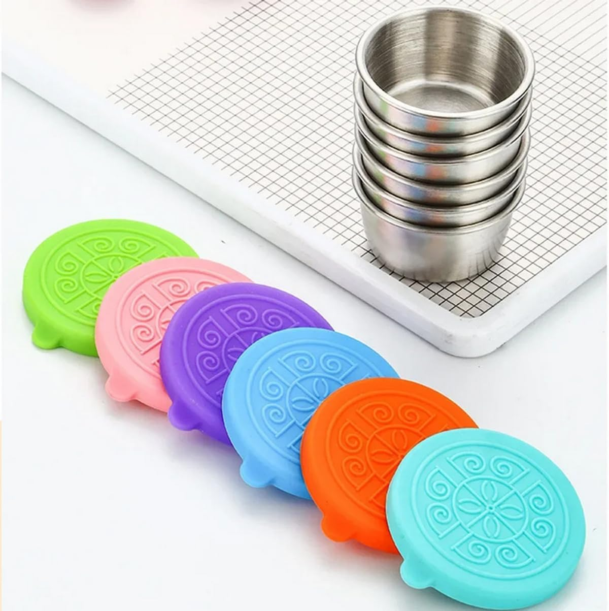 6Pcs/Set SUS304 Stainless Steel Salad Dressing Container with Leakproof Silicone Lids, Small Sauce Cups Condiment Containers for Lunch Bento Box, Picnic and Travel image number 5