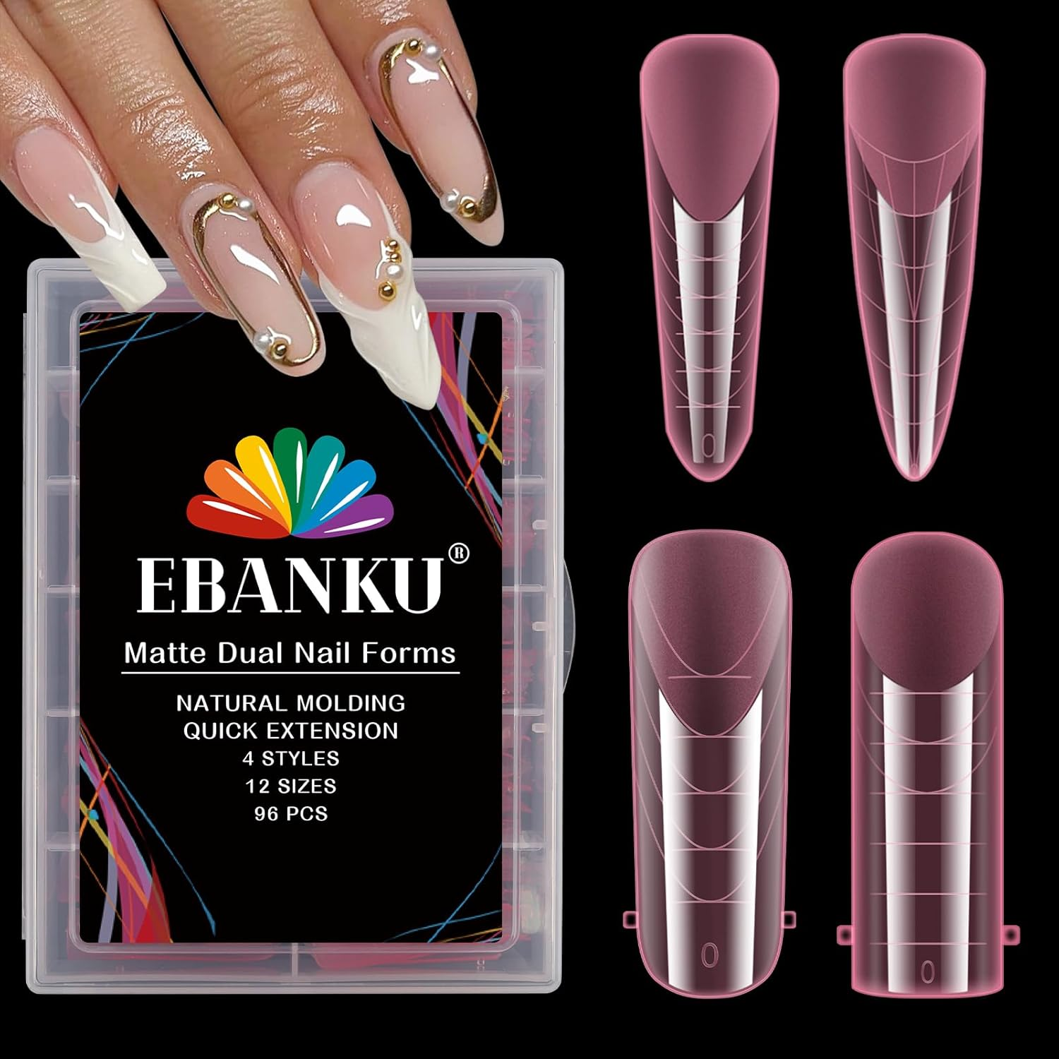 EBANKU Pink Dual Nail Forms Full Cover Nail Mold Tips Acrylic Nail Extension Tools Scale for Poly Gel Nail Art Salon Nails Design