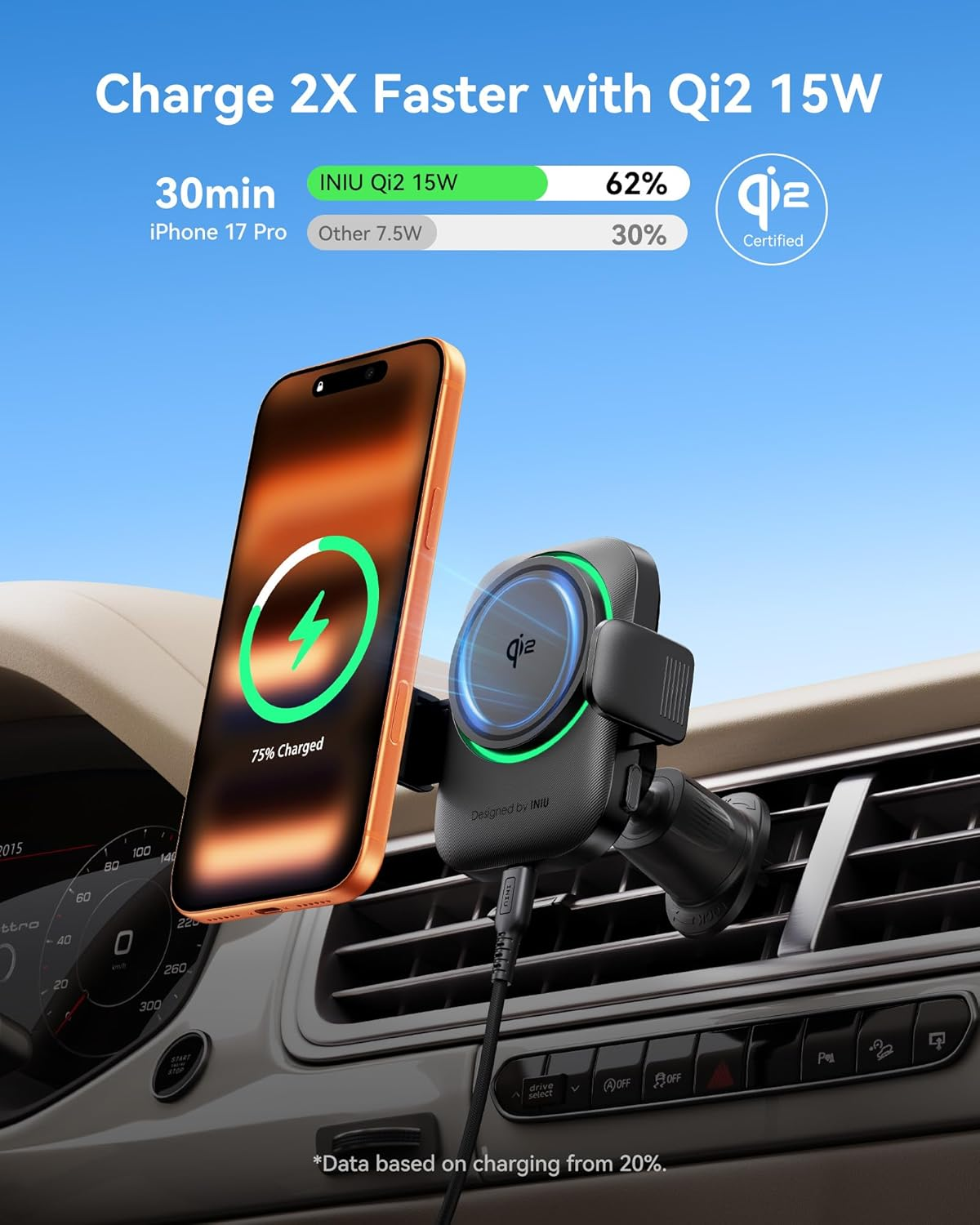 INIU Car Mount Charger, Qi2 Certified 15W for Wireless Car Charger, Ultra Strong Magnet Phone Holder with Cooling Fan & RGB, Vent Dash Phone Mount Holder for Iphone 16 15 14 13 Series image number 4