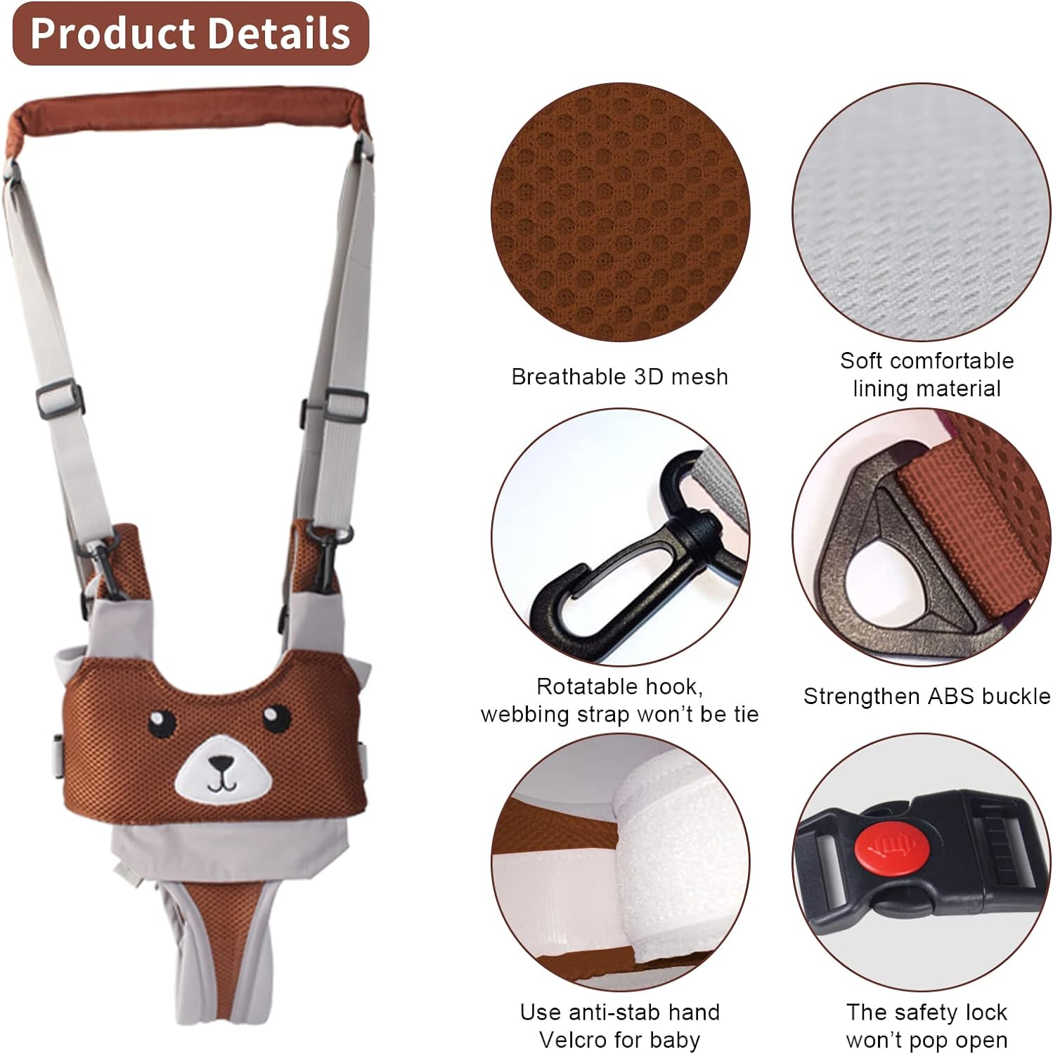 IULONEE Breathable Babies Walking Helper Adjustable Handle Walking Assistant for Toddlers Child Standing and Walking Safety Harness for Children 7-24 Months (Mesh Brown) image number 5