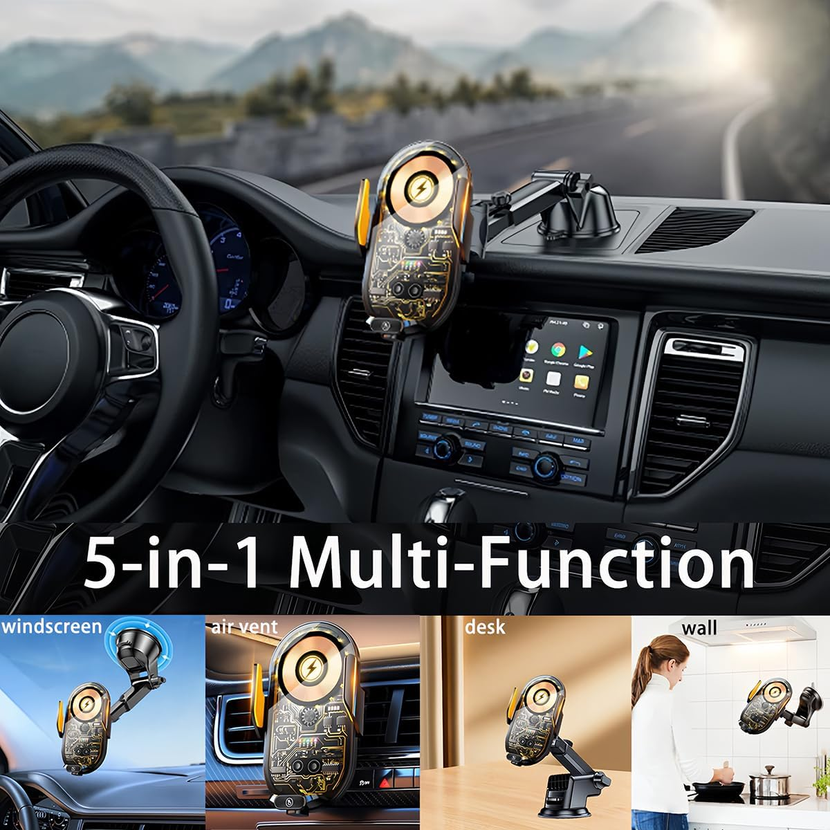 Cadozeal RGB Car Phone Holder| 66W Fast Charge| 5-In-1| One Hand Touch Auto Lock, 360&deg; Rotation Super Stable, Patented Premium Alloy Car Phone Mount for All Smartphone image number 1