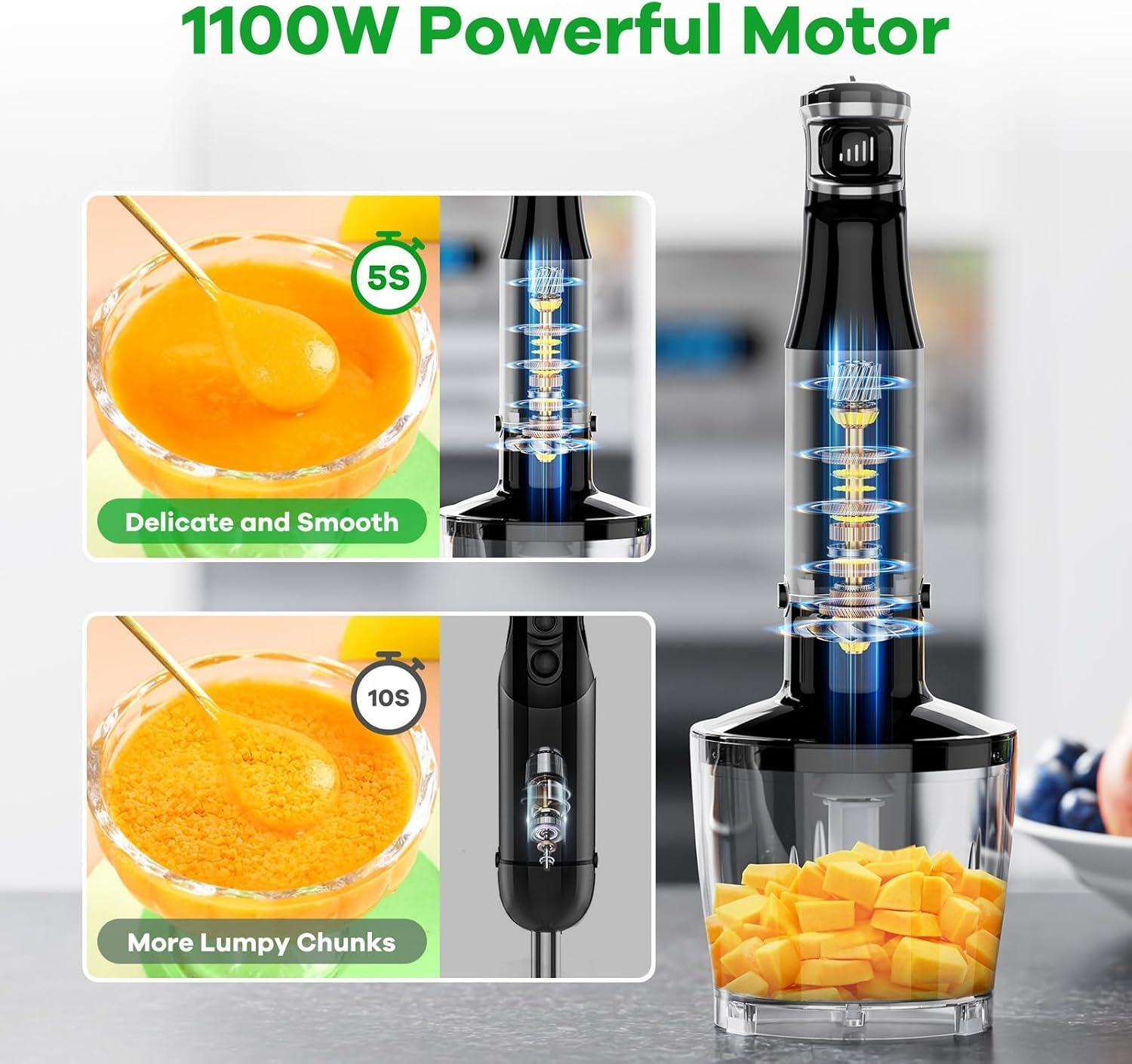 1100W Corded Hand Handheld Immersion Blender, Trigger Variable Speed 5 in 1, Emulsion Blender with Chopper, Whisk and Frother for Soup, Baby Food and Smoothies image number 2