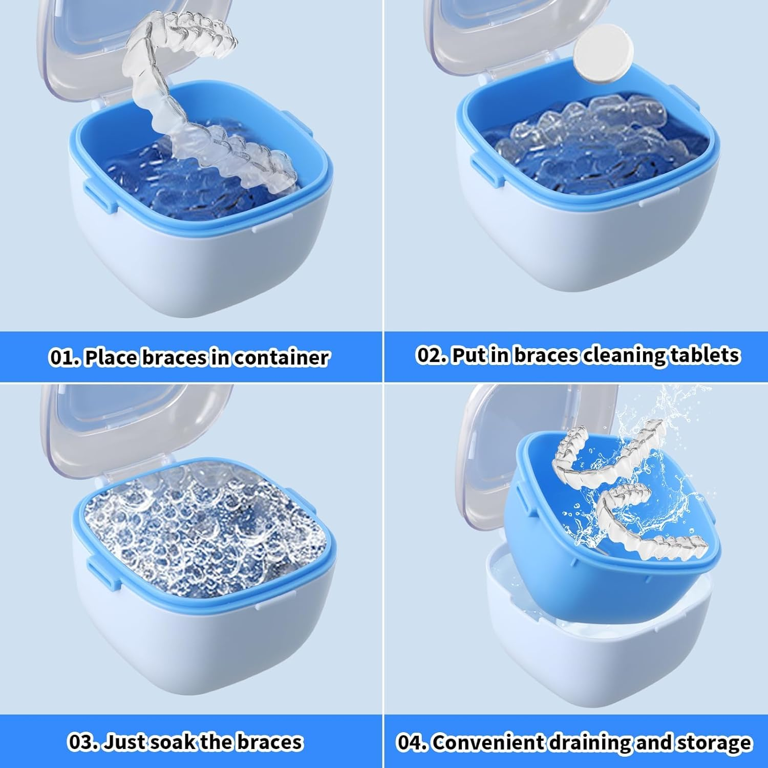 Denture Case, Portable Denture Box for Soaking Cleaning, Retainer Case with Rinsing Basket, False Teeth Storage Container, Retainers, Clear Braces