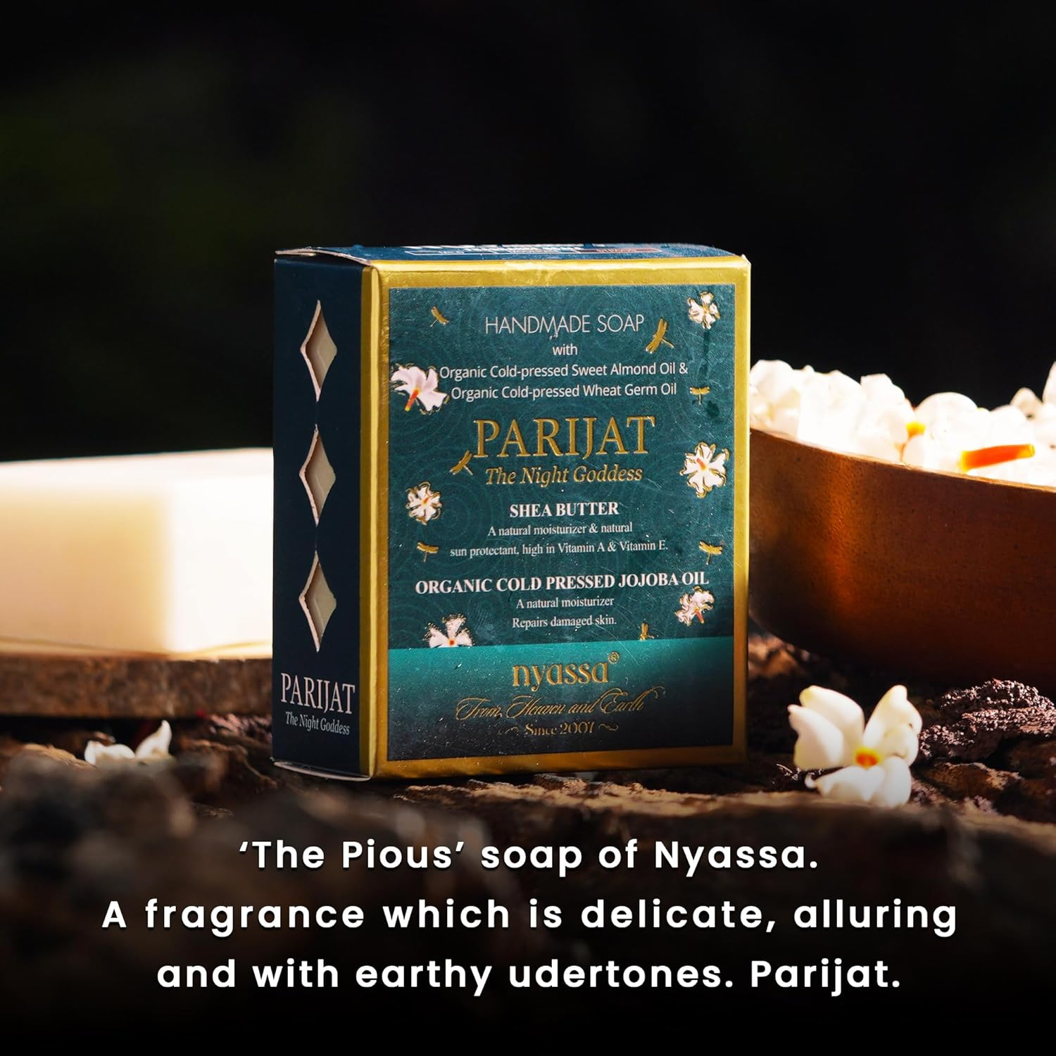Nyassa Parijat Night Blooming Jasmine Handmade Soap 150Gm with Turmeric and Shea Butter. Paraben Free, Cruelty Free and 100% Vegetarian. image number 5