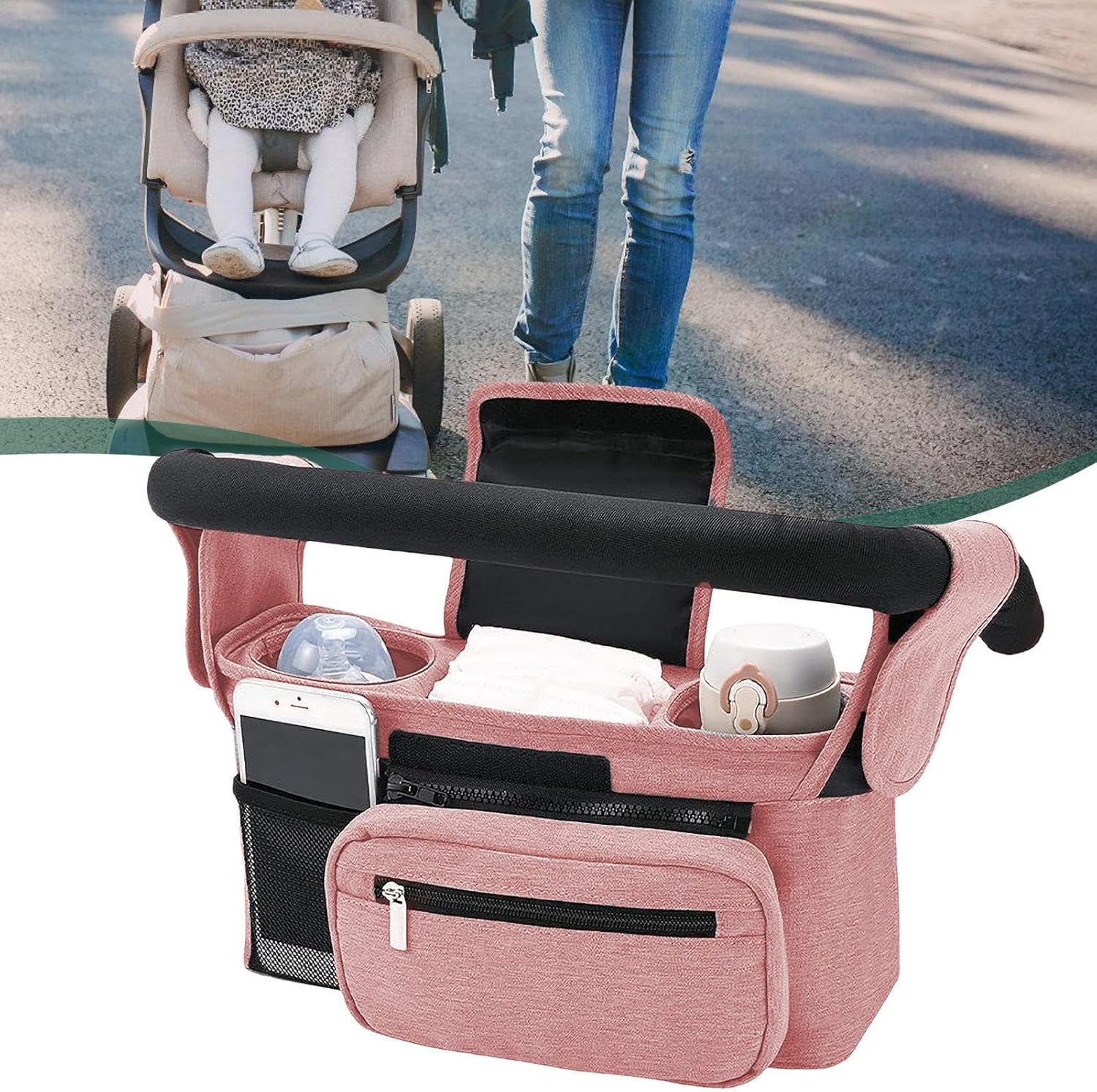 Stroller Bag Organizer | Water-Resistant Stroller Bag Attachment Baby Stroller Bag,Stroller Accessory Bag Stroller Pouch with Multiple Pockets for Bottles Diapers Wipes - Gray image number 2
