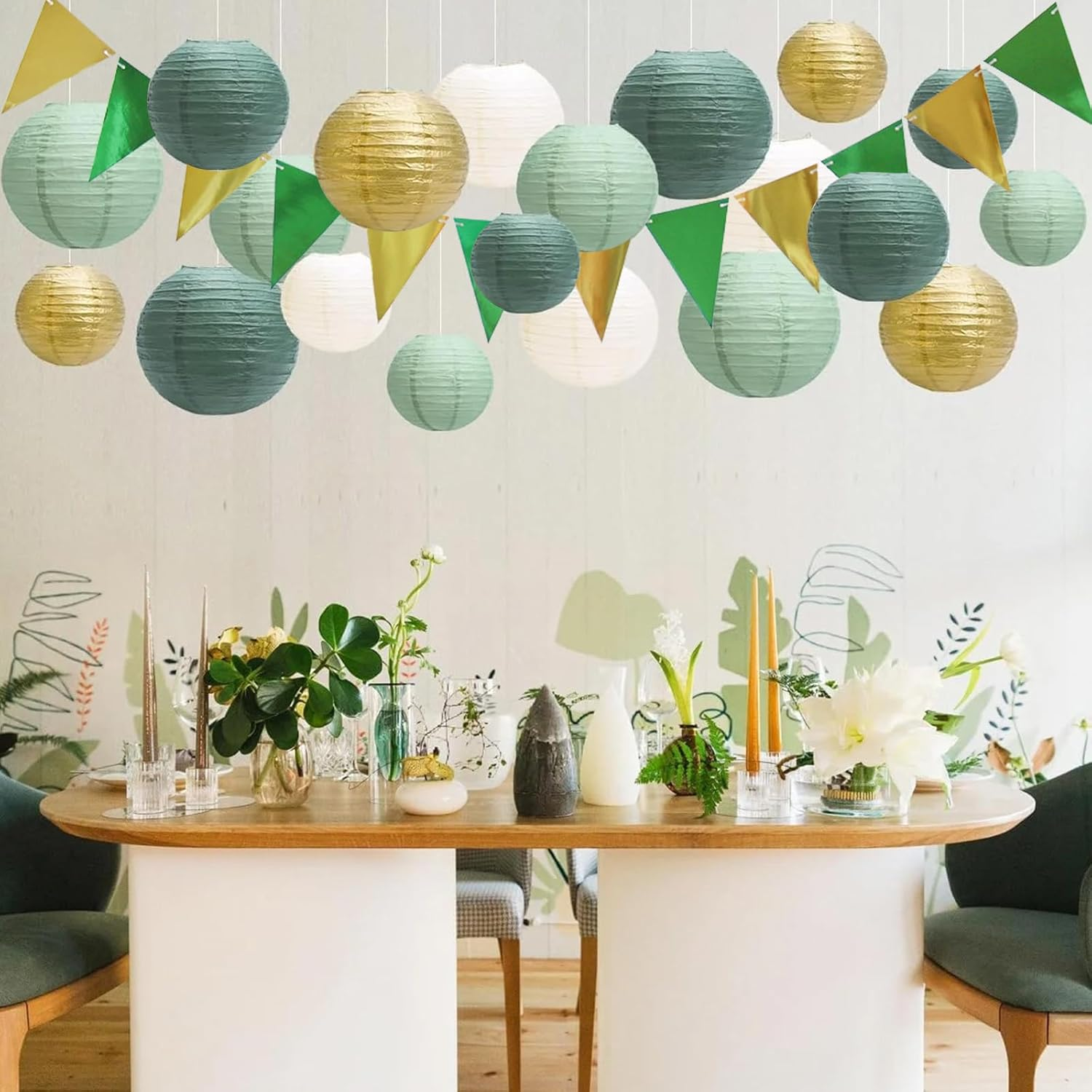Pack of 15 Green Gold Paper Lanterns, round Hanging Paper Lanterns with Pennant and Fishing Line, Sage Green Lanterns for Bridal Wedding Decoration, Garden Party Decoration (Size: 25 Cm, 20 Cm, 15 Cm) image number 4
