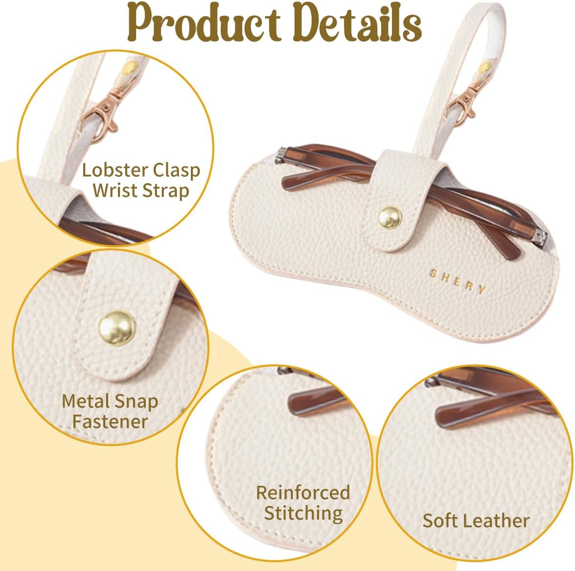 3 Pack Soft Leather Sunglasses Bag, Portable Eyeglass Case Holder Slim Glasses Pouch with Button Clip Wrist Strap, Eyewear Sleeve for Women Men (Beige, Pink, Brown) image number 1