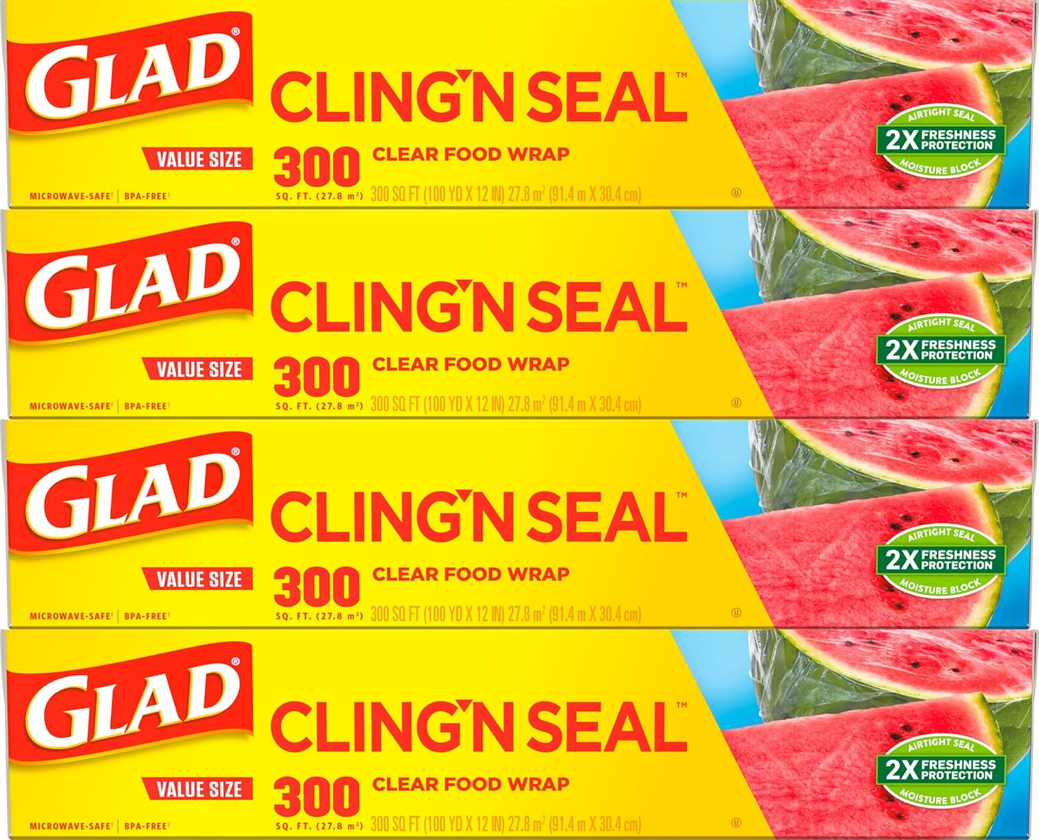 Glad Clingwrap Plastic Food Wrap - 300 Square Foot Roll - 4 Pack