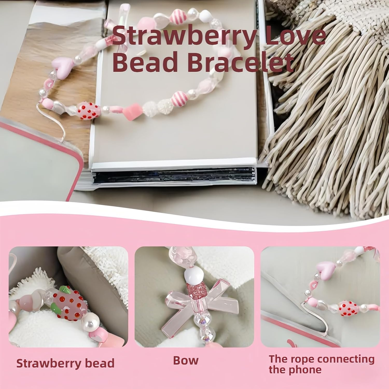 Strawberry Charm Phone Strap & Wristlet - Anti-Loss Sparkle Beaded Lanyard for Phone Camera, Cute Kawaii Gift for Women Girls (Pink Pearl Bow), Short Lightweight Design image number 5