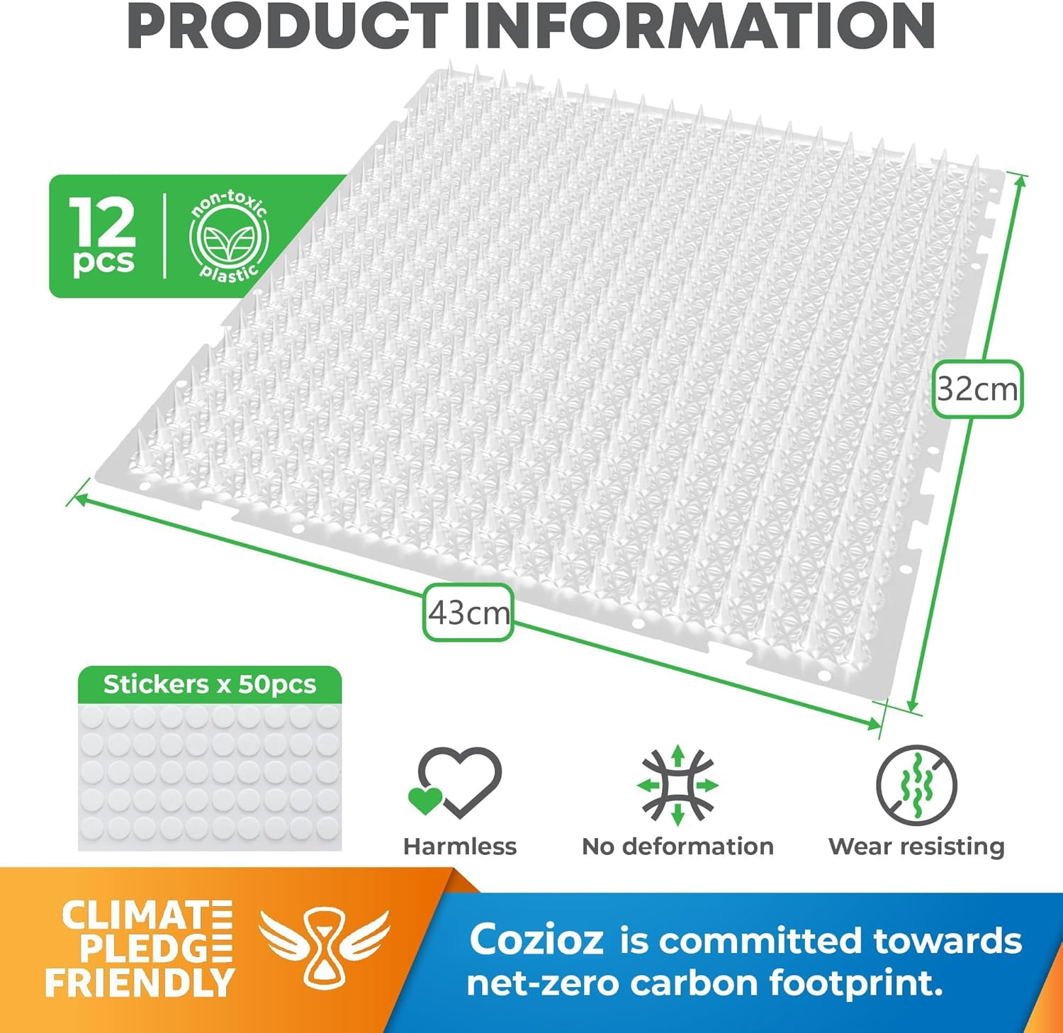 12 Pack Cat Deterrent Mats, 40X33Cm Pet Training Spiked Mat with 2.5Cm Spikes for Indoor Outdoor Use All Weather Animal Repellent for Cats and Pests image number 6